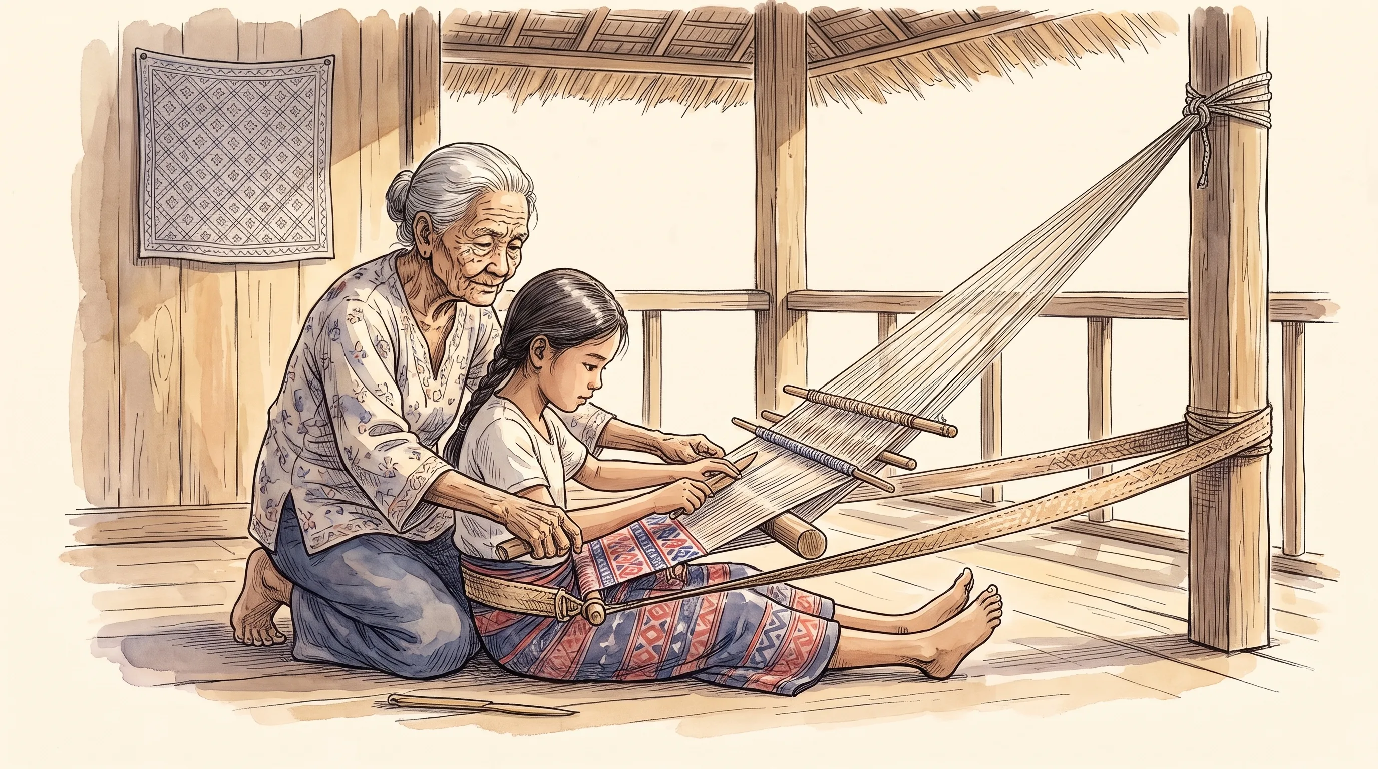 Watercolor of a grandmother guiding her granddaughter's hands at a backstrap loom, the warp tied high to a house post and a woven strap around the girl's back