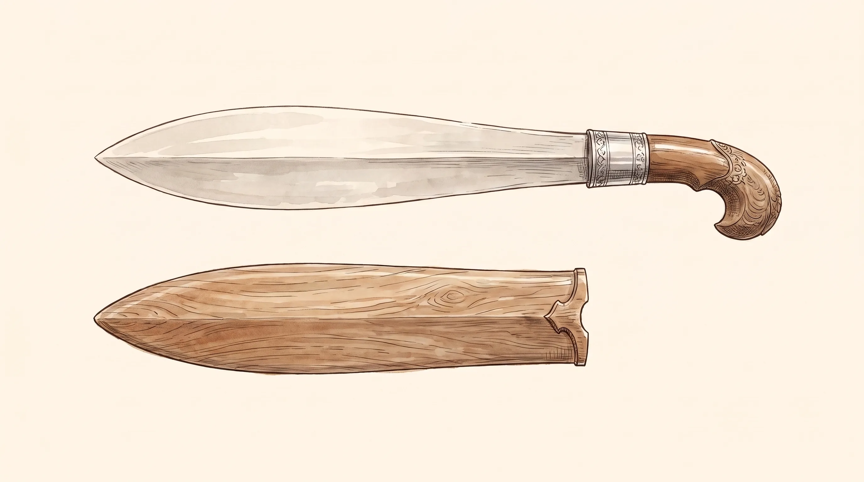 Watercolor survey of a barung: the broad leaf-shaped single-edged blade with a carved cockatoo-crest pommel, and its flat wooden scabbard below