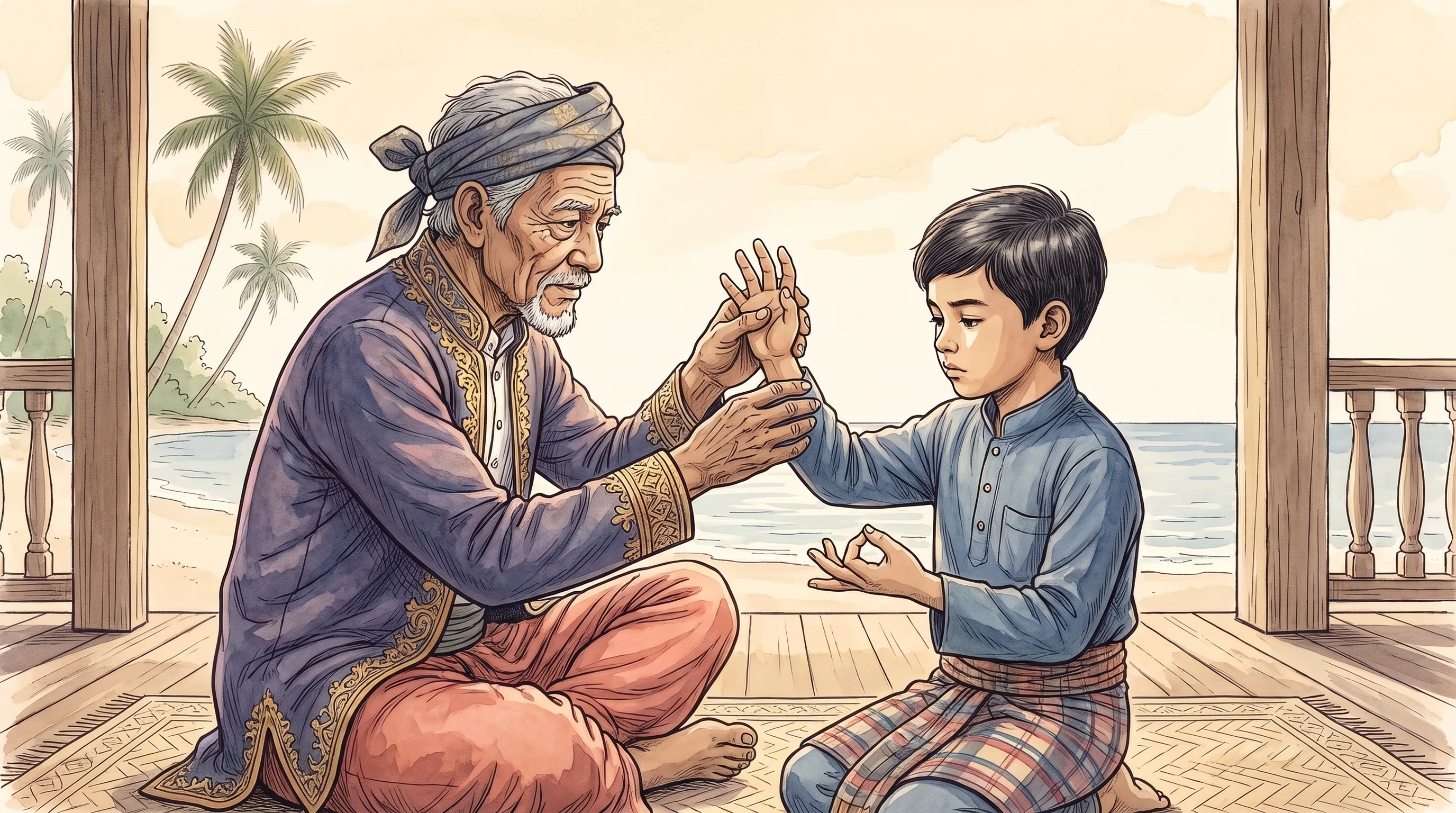 Watercolor of a Tausug elder on a stilt-house veranda gently shaping a boy's raised hand into a precise open position, the boy's other hand already curved in form
