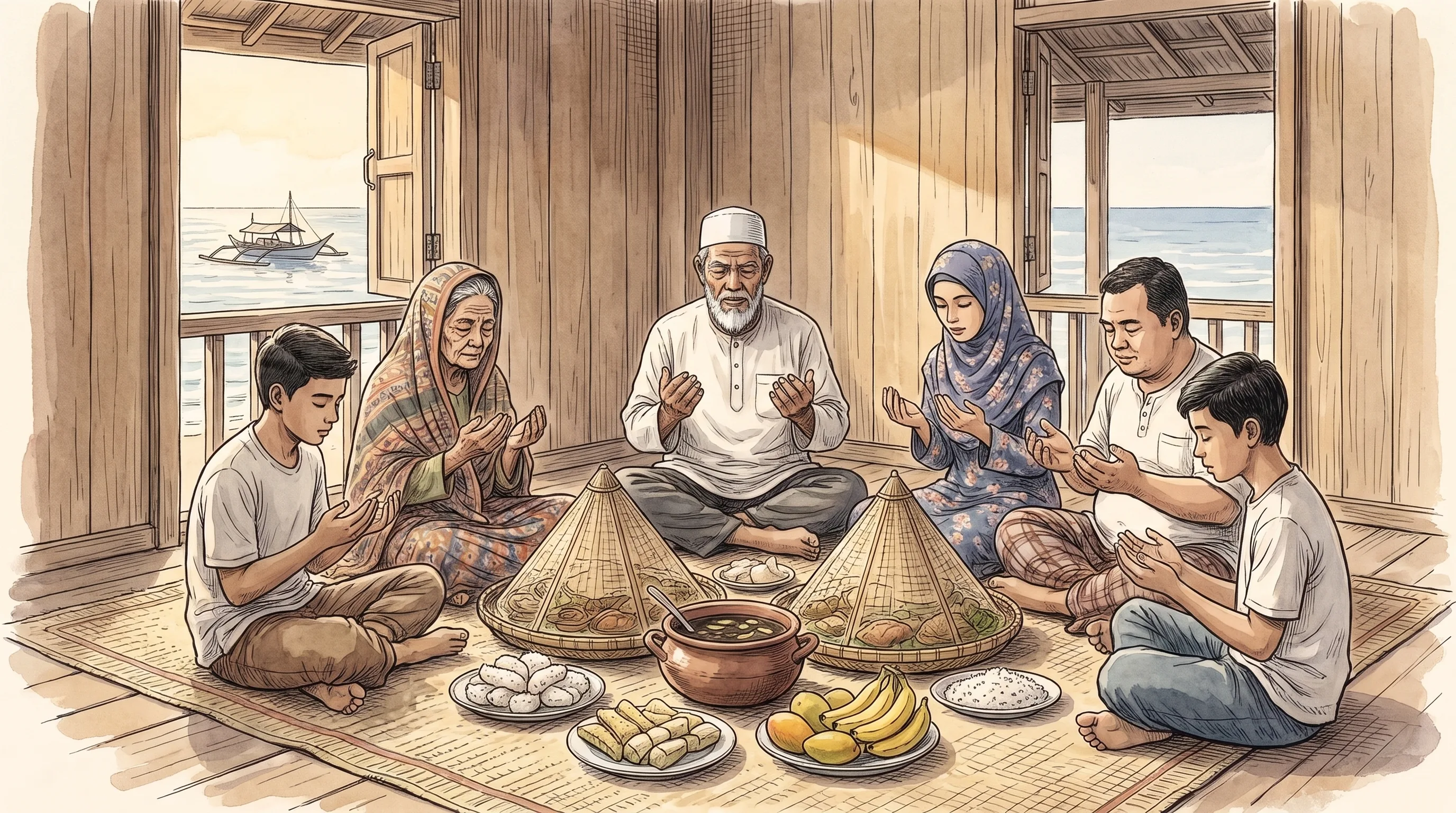 Watercolor of a Tausug family seated on mats in a stilt house, palms open in prayer led by a bearded elder in a kopiah, the grandmother's sarong cloth drawn over her head and the mother in a headscarf, with trays of food under woven cone covers between them and the sea through the open window
