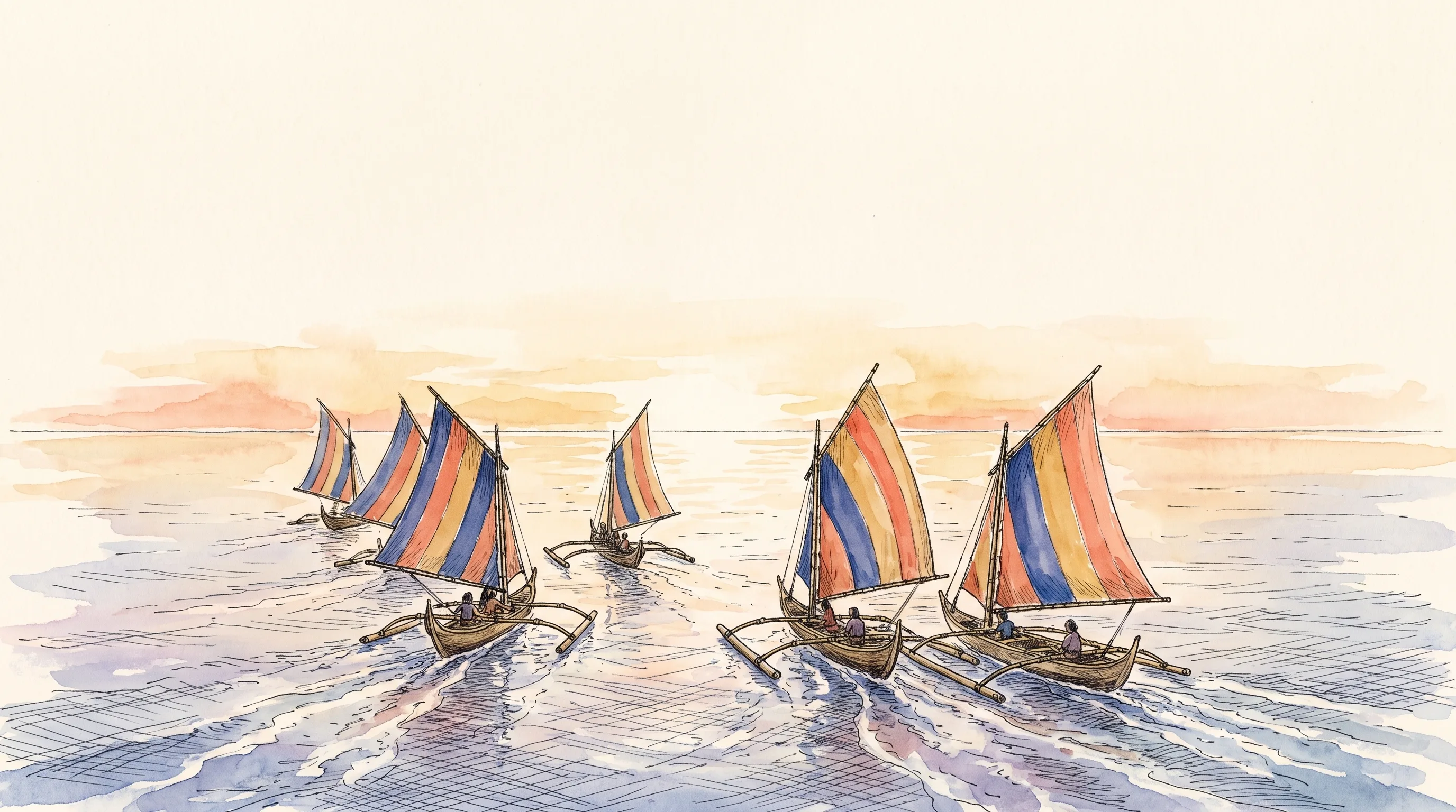 Watercolor of a small fleet of vintas with striped sails heading together toward a bright dawn horizon