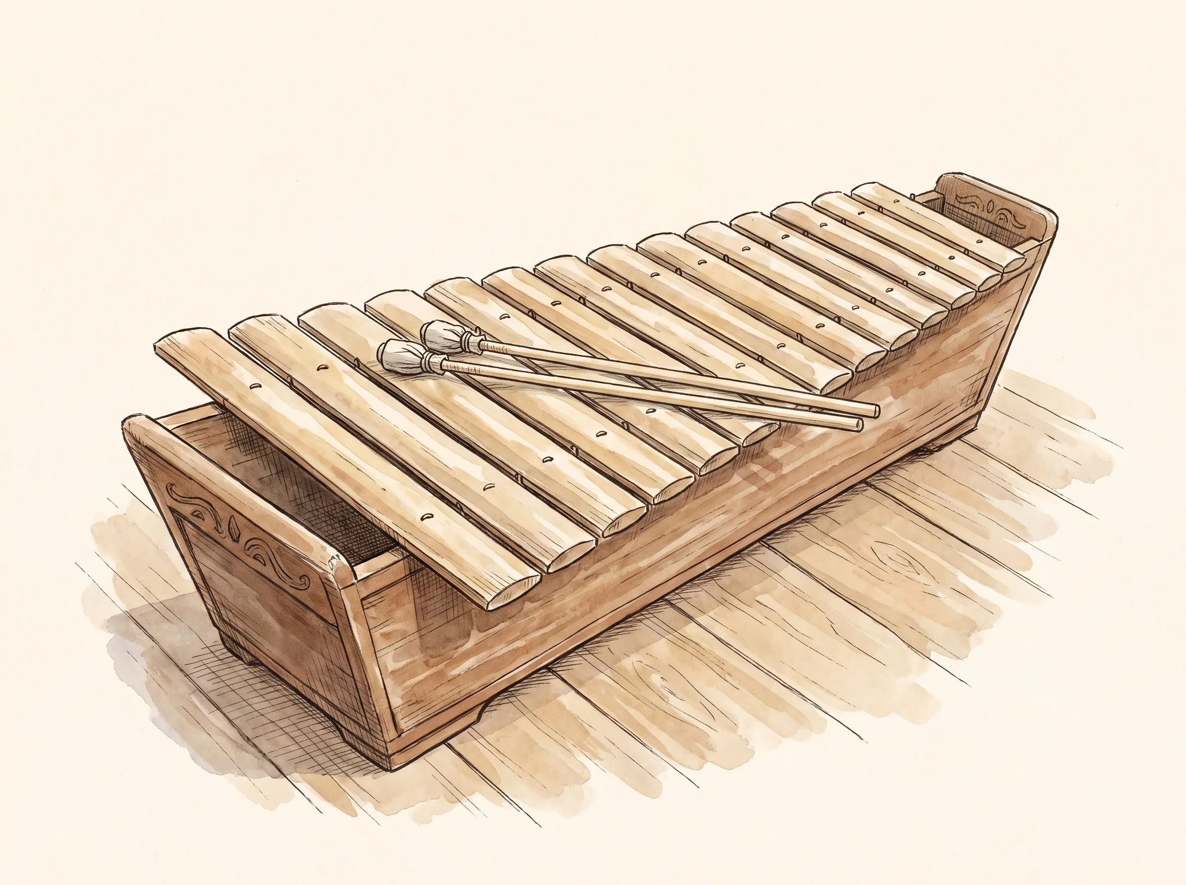 Watercolor of a gabbang, the Tausug bamboo xylophone: a trapezoid wooden box with graduated bamboo keys and two cloth-tipped beaters resting on top