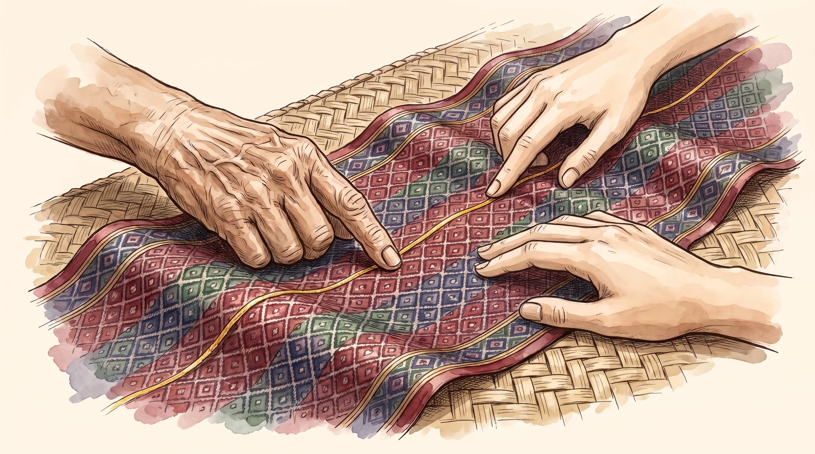 Watercolor close-up of an older hand and a young hand resting on handwoven geometric silk, both touching the single gold thread that runs the length of the cloth