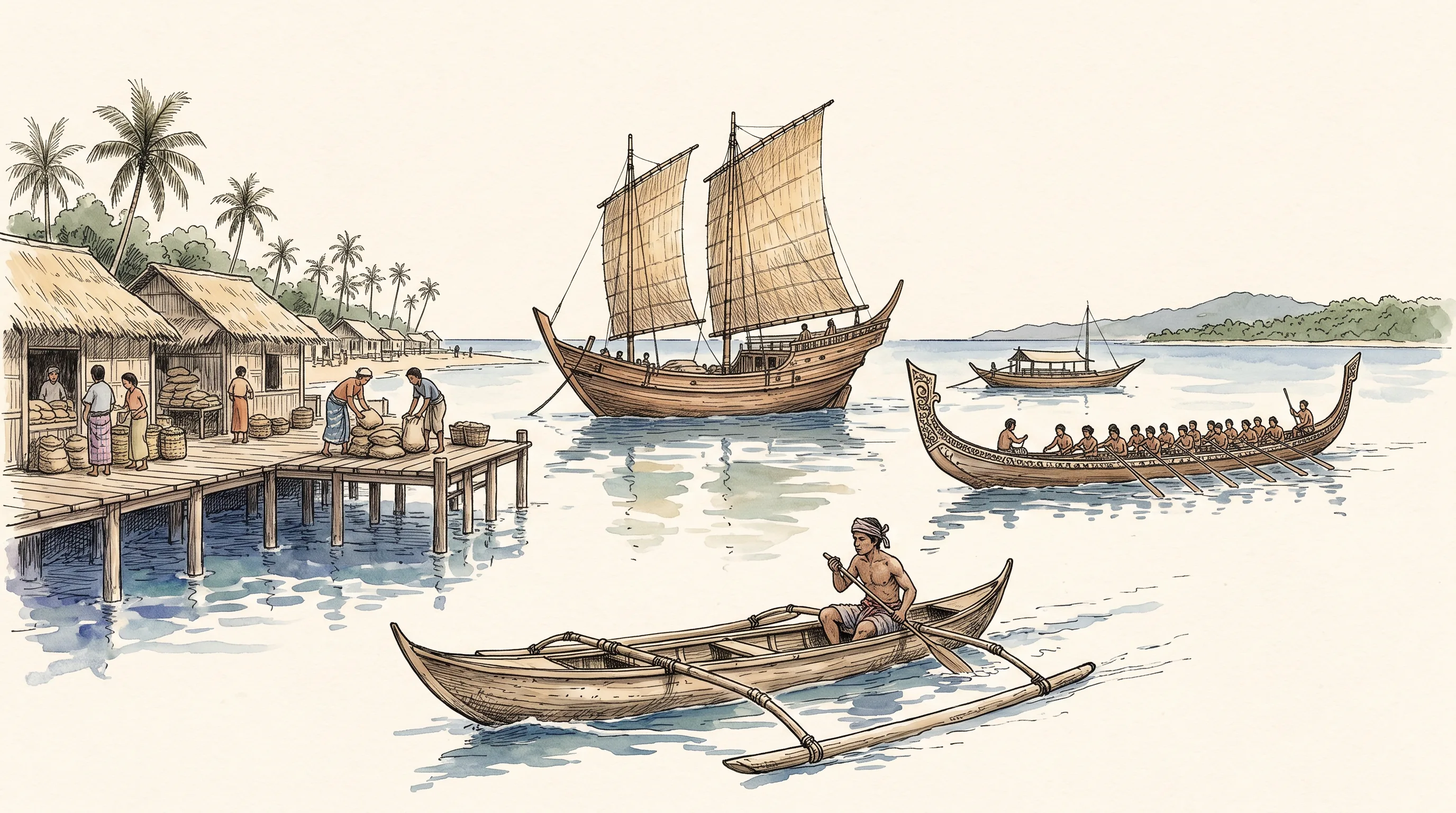 Watercolor of a Sulu anchorage with three different vessel types: a two-masted trading ship, a long oared war vessel, and a small outrigger canoe