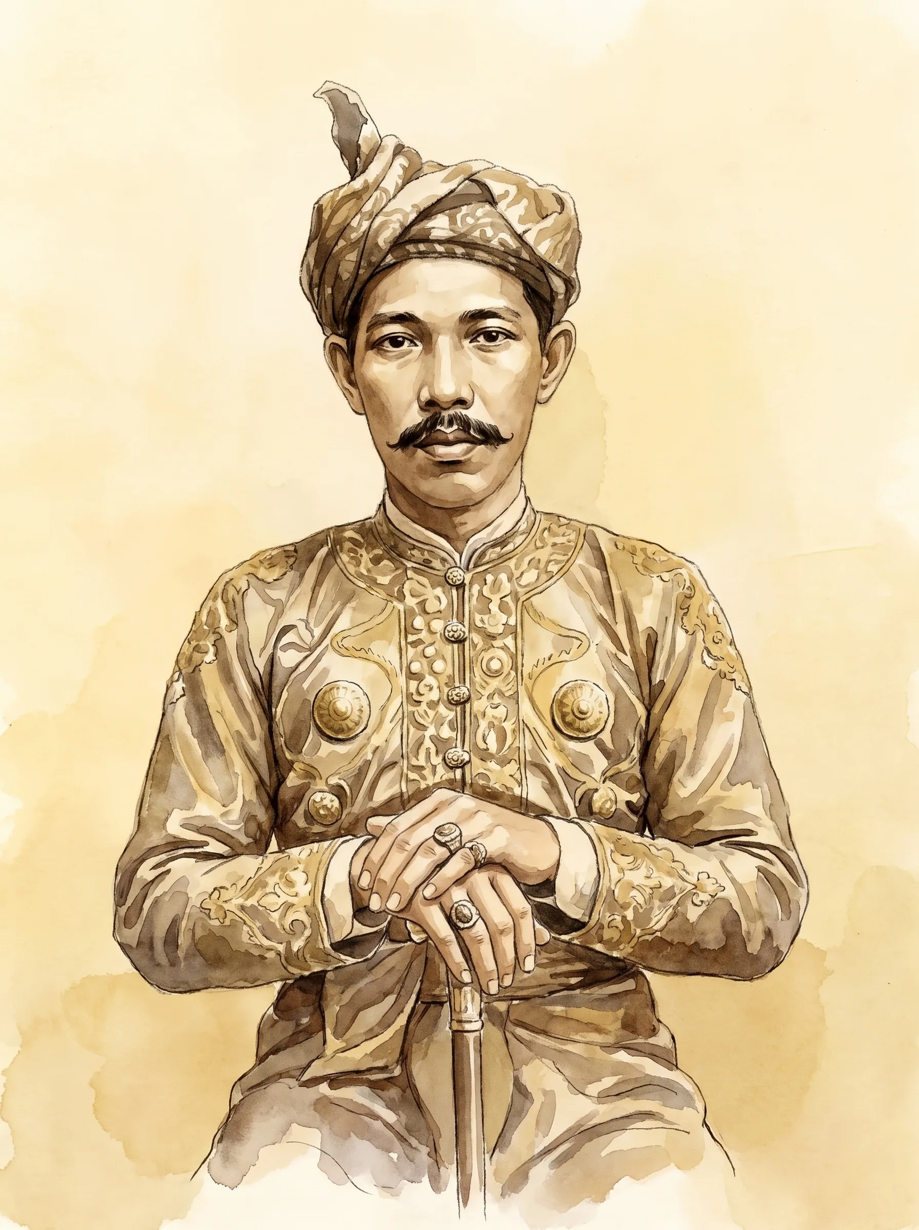 Watercolor portrait of Sultan Jamal ul-Azam, seated with a direct gaze, in a peaked patterned turban and an embroidered jacket with two round medallions, rings on his fingers, both hands resting on the head of a cane