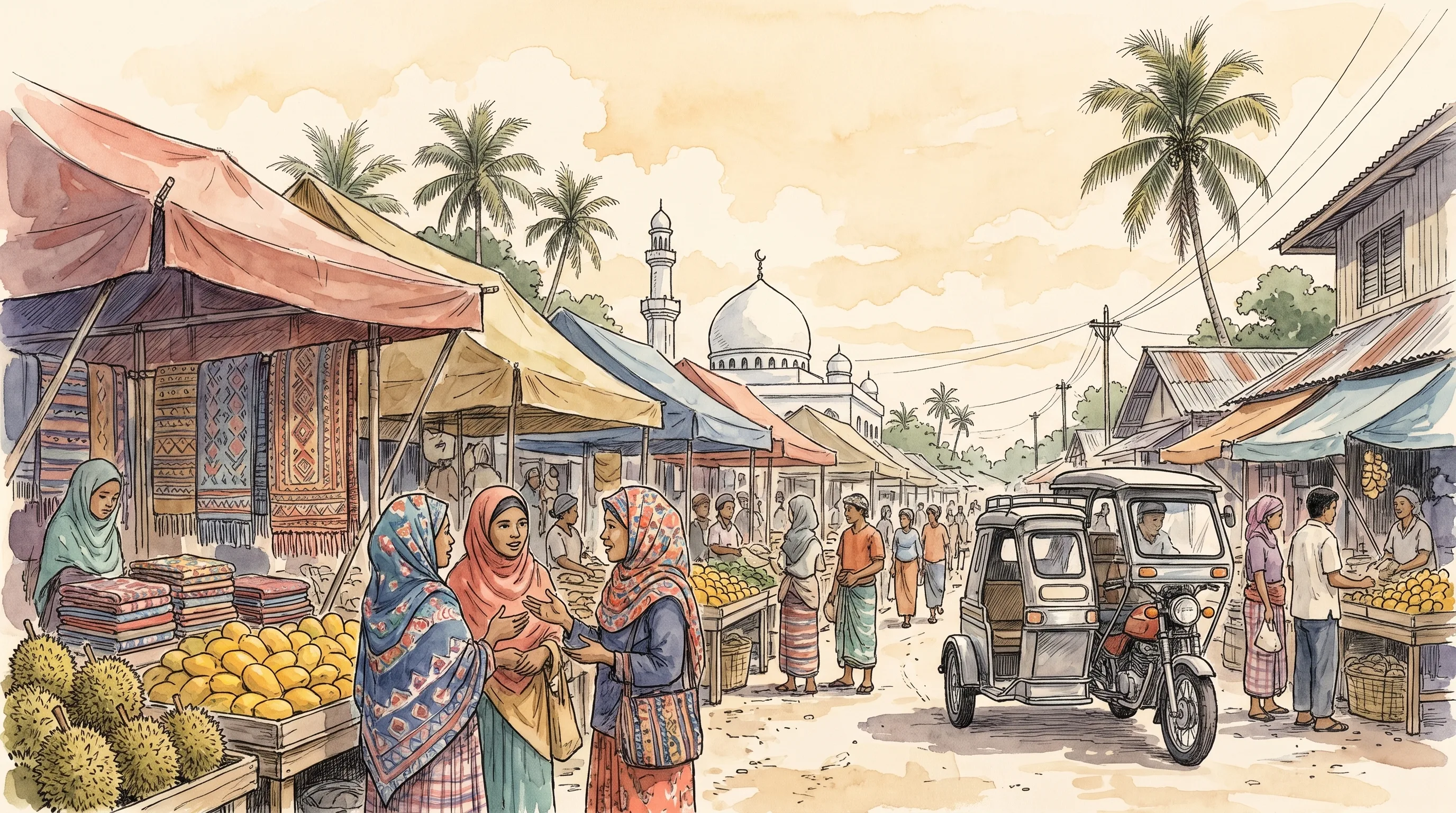 Watercolor of a present-day market street in Jolo: awnings, textiles, fruit stalls, a motor tricycle, and a mosque dome beyond