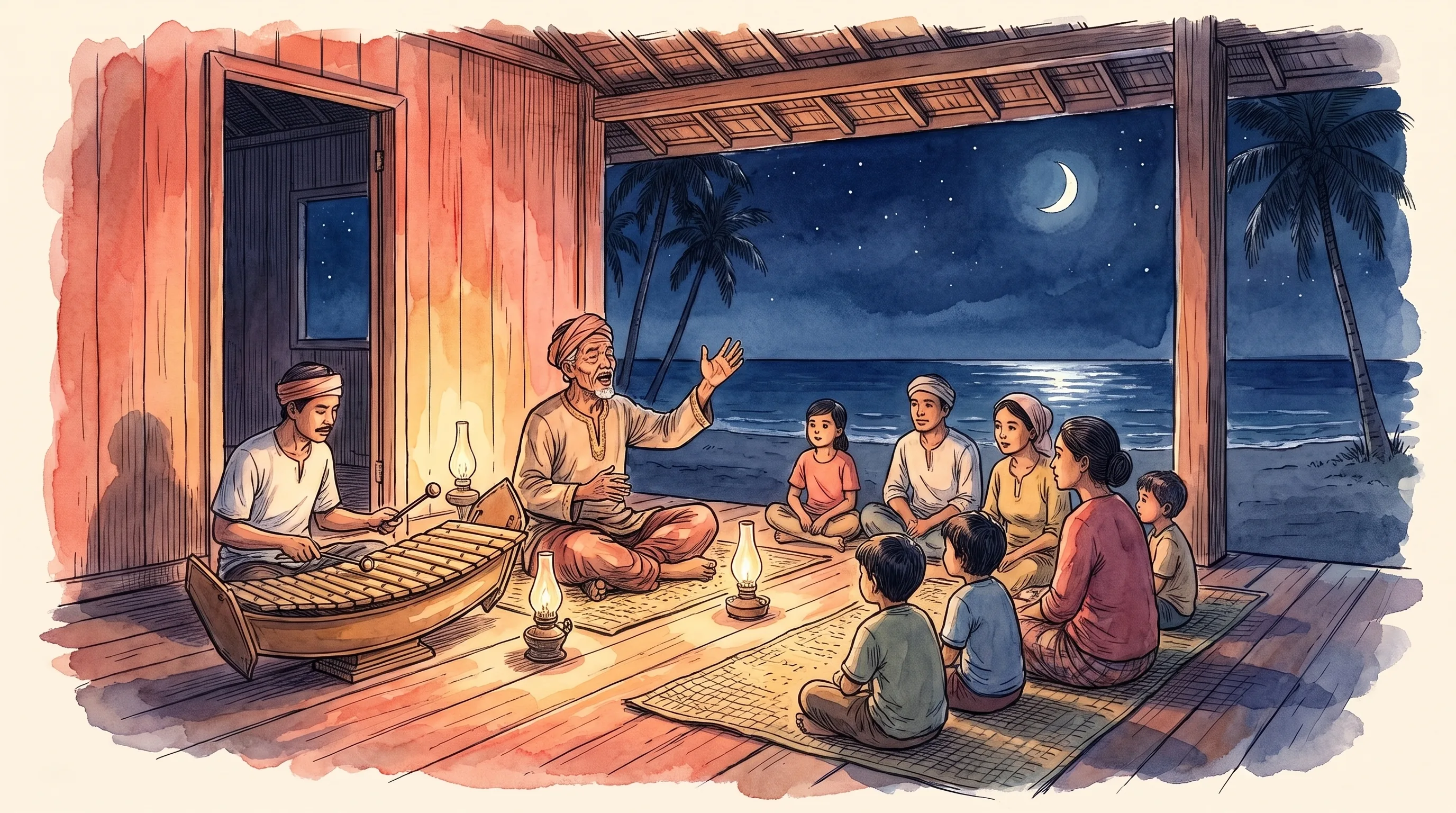 Watercolor of a night gathering on a stilt-house veranda: an elder sings with one hand raised while a musician plays the gabbang, and a family listens on woven mats by lamplight