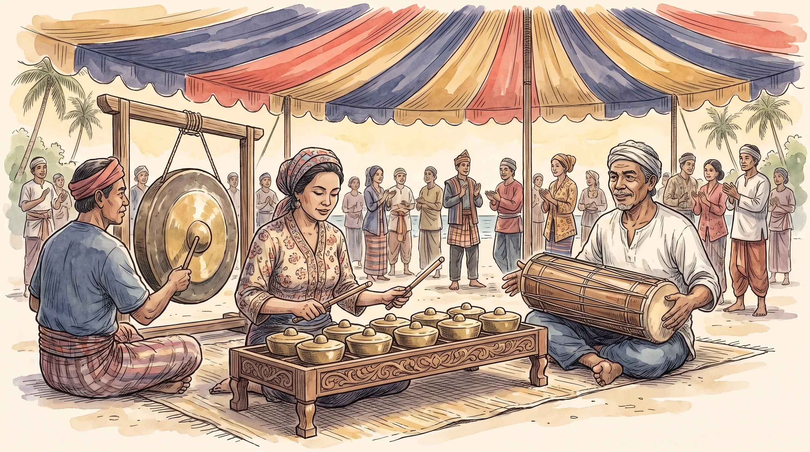 Watercolor of a kulintangan ensemble at a celebration: a woman plays a row of small knobbed gongs with two beaters while one man strikes a hanging agung gong and another plays a cylindrical two-headed gandang drum across his lap