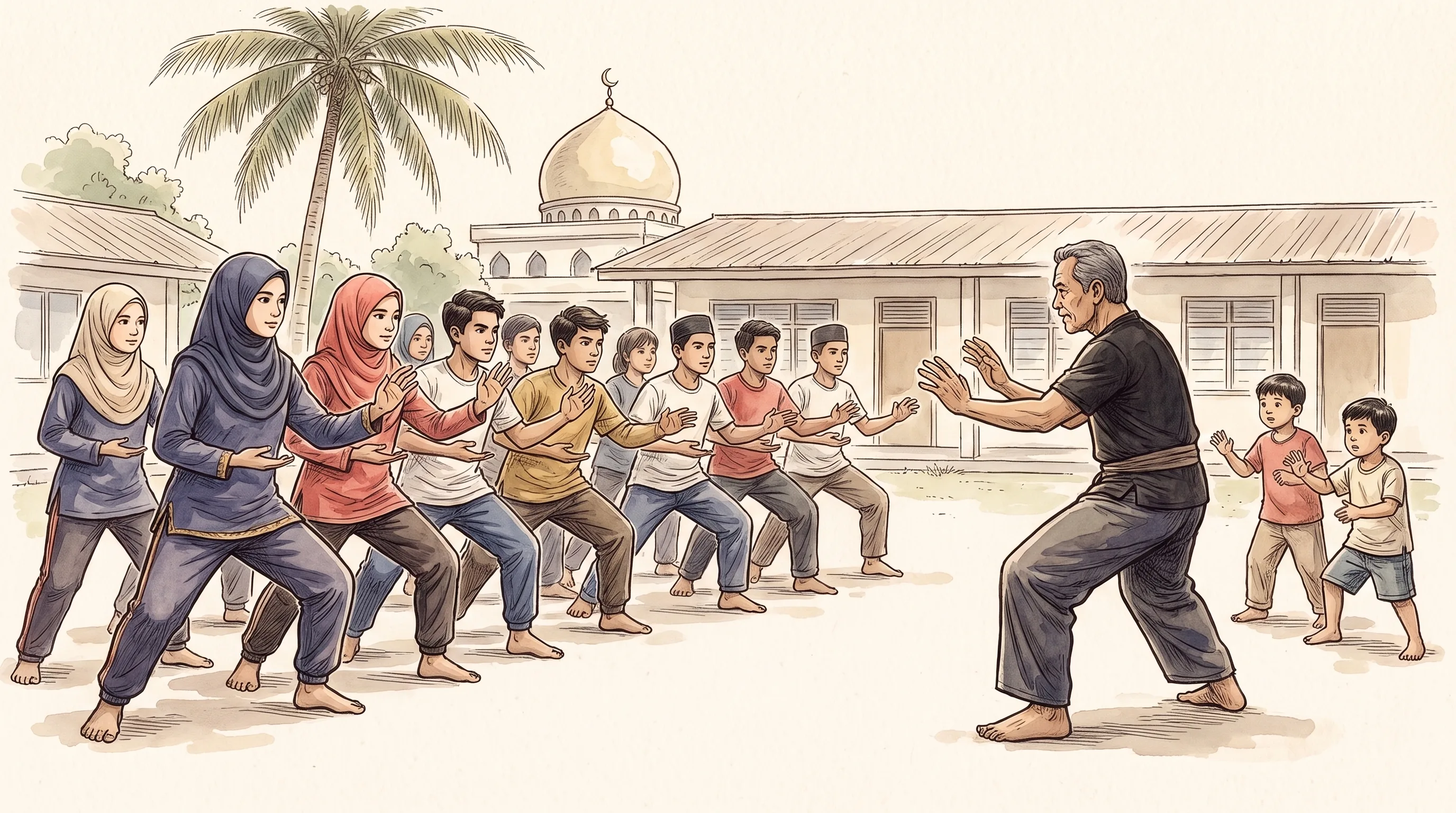 Watercolor of a present-day kuntaw class in a Jolo schoolyard: rows of teenage boys and girls, the girls in sport hijabs, holding a low stance as an instructor demonstrates, younger children imitating from the side