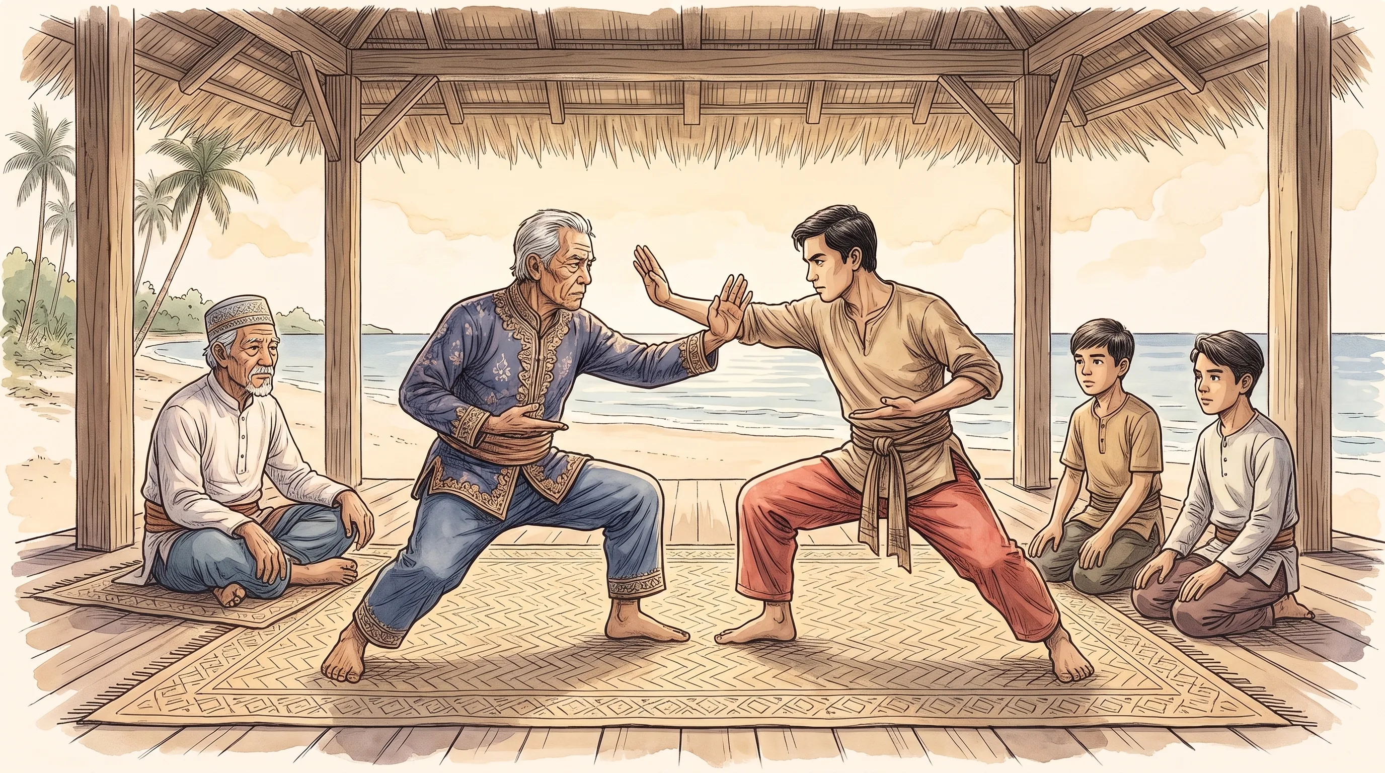 Watercolor of two Tausug men practicing kuntaw in low stances on a woven mat under a thatched pavilion, an elder in a kopiah watching with two waiting students