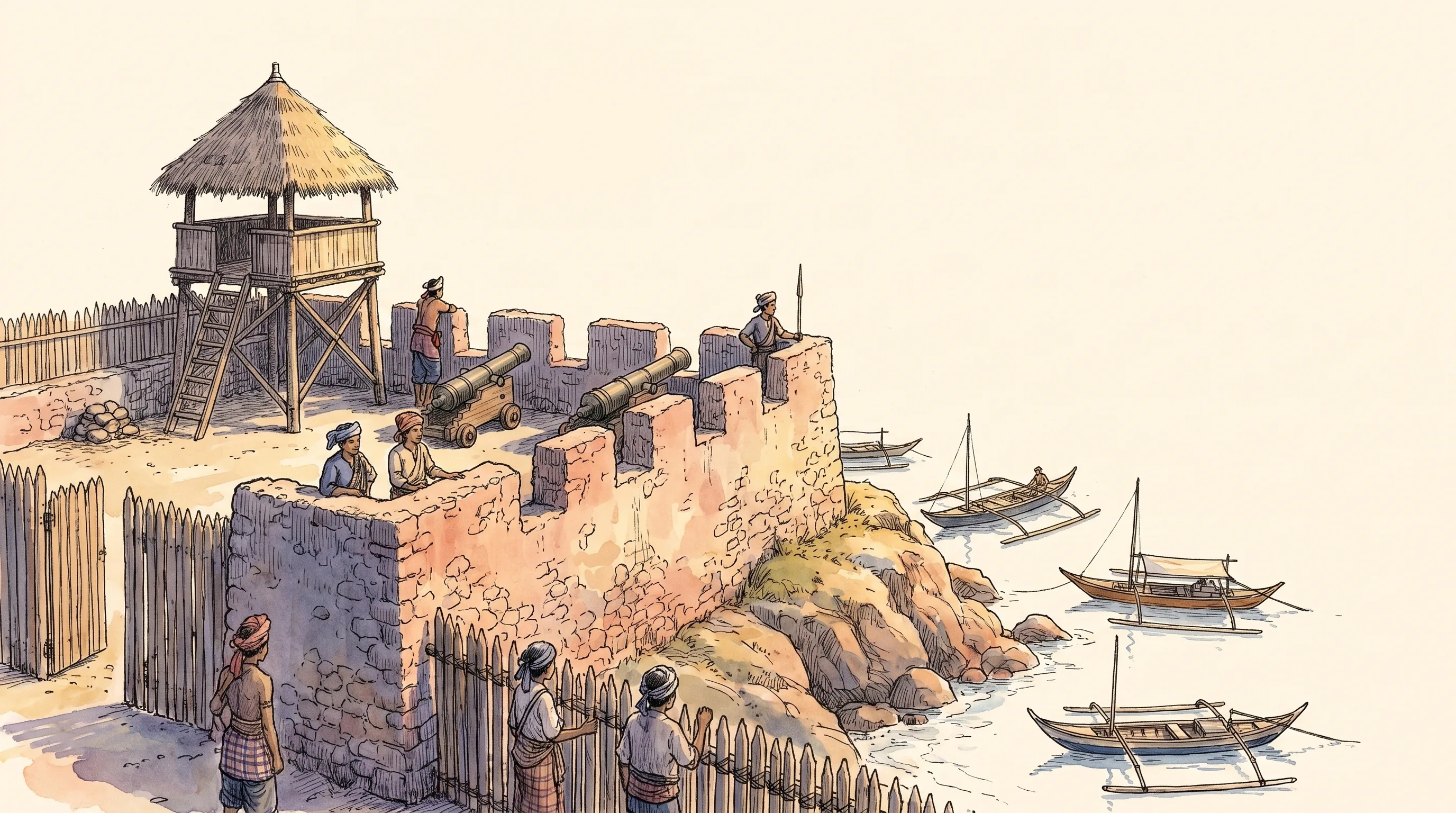 Watercolor of a kuta fort: coral-stone walls and timber palisade on a headland, cannon behind the parapet, sentries watching the anchorage below