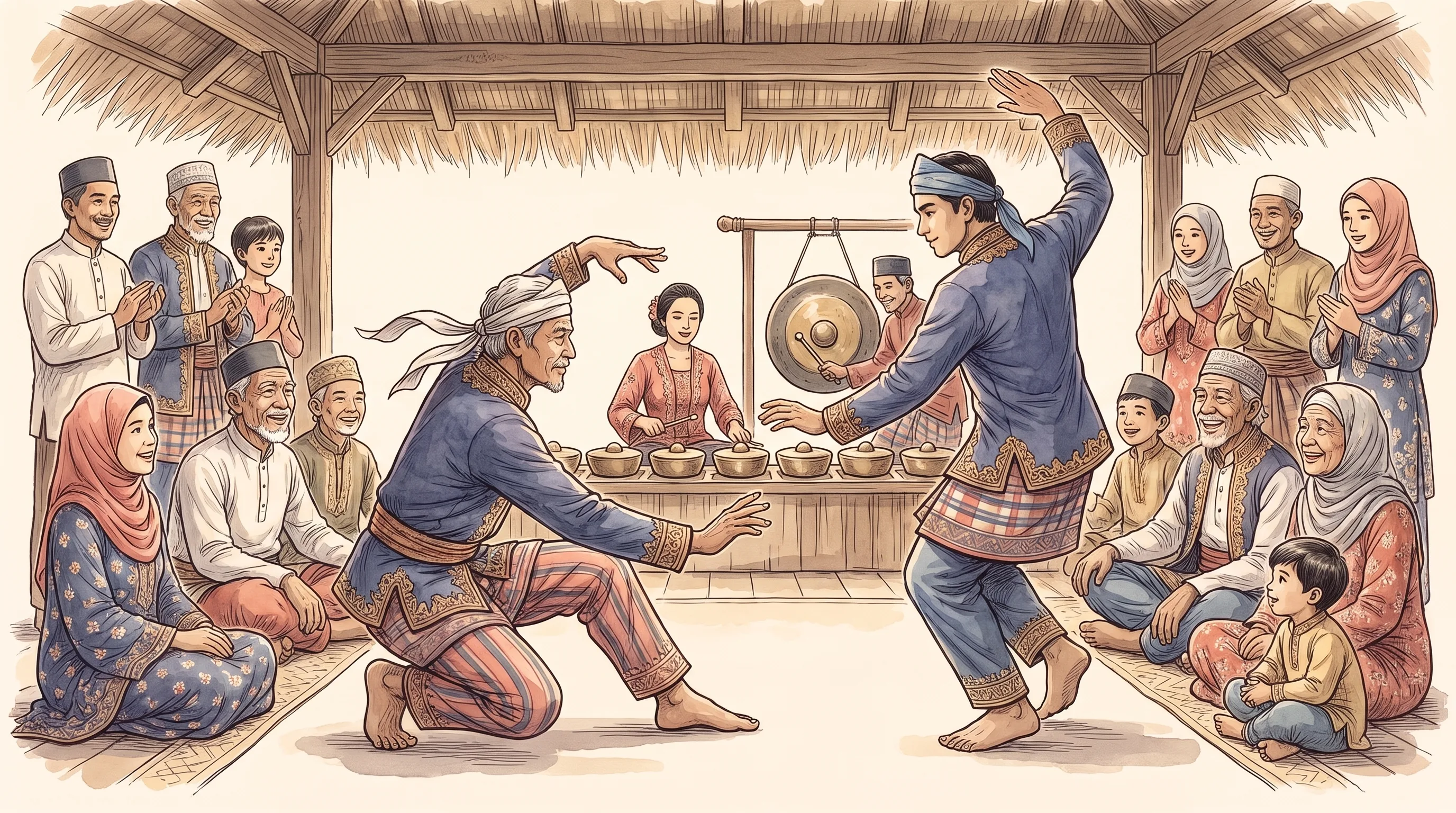 Watercolor of two men performing langka-silat, a stylized martial dance duel, at a celebration with a kulintangan ensemble and festive audience behind them