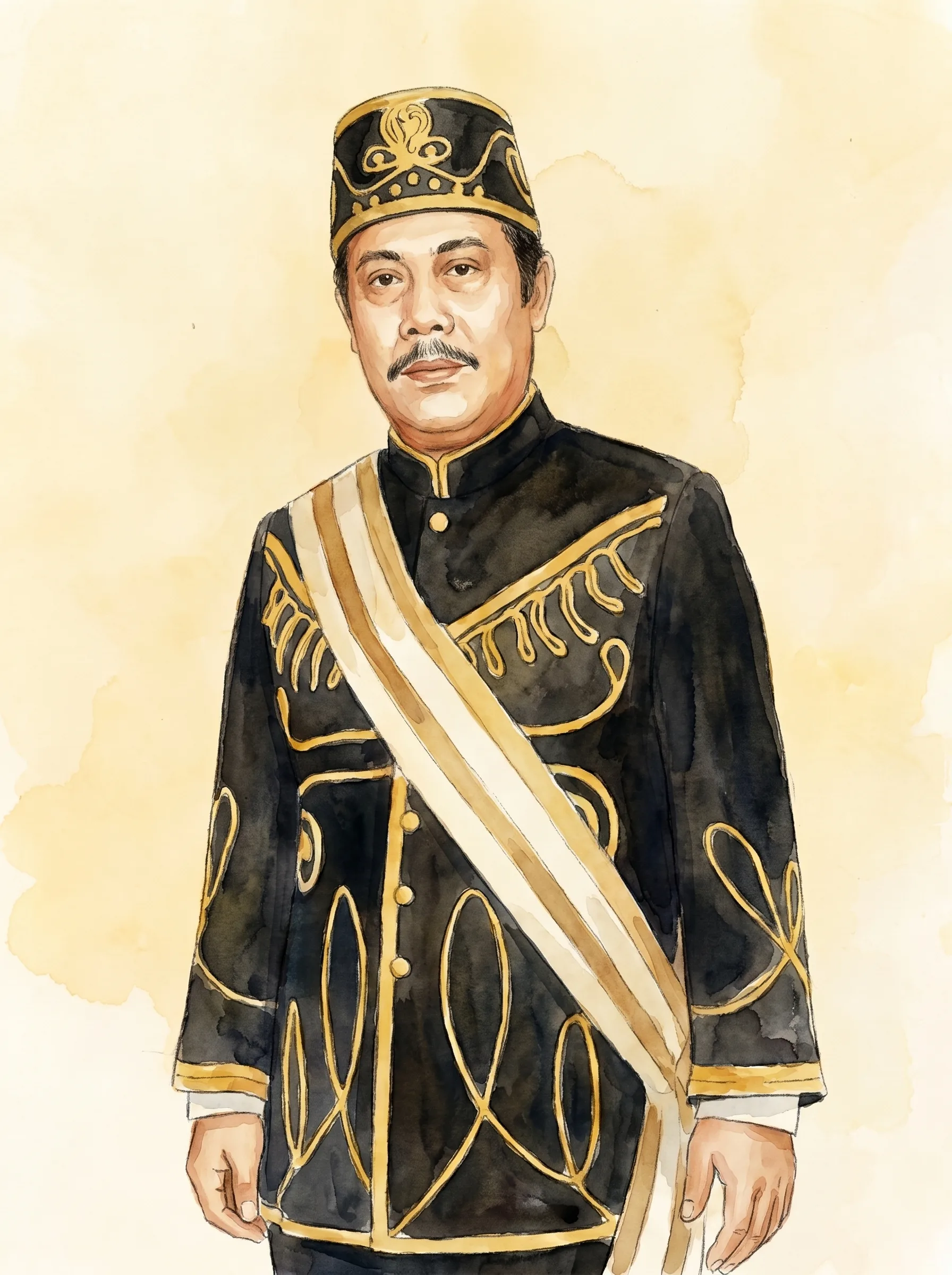 Watercolor portrait of Sultan Mahakuttah Abdulla Kiram standing in coronation regalia: a tall black ceremonial cap with gold ornament and a black high-collared coat covered in looping gold cord embroidery, a wide sash across the chest
