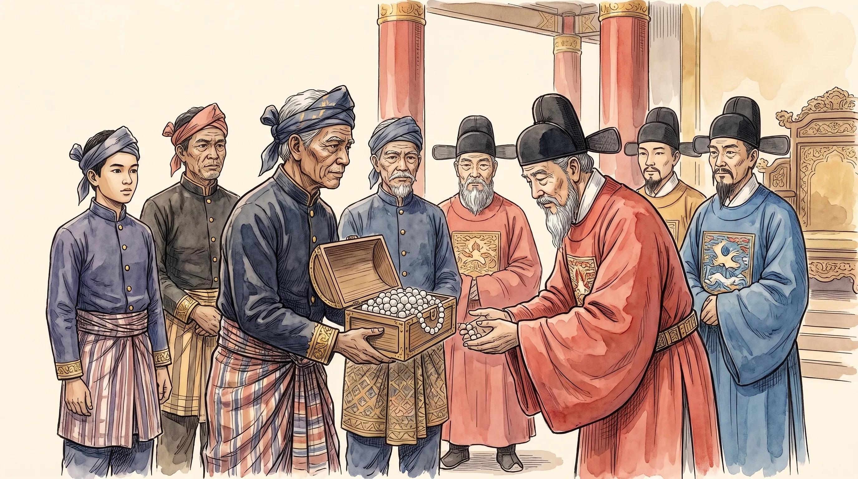 Watercolor of Sulu envoys in gold-buttoned jackets, striped sarongs, and knotted headcloths presenting a chest of pearls to Ming officials in winged black hats and rank-badged scarlet robes, in a pillared court hall