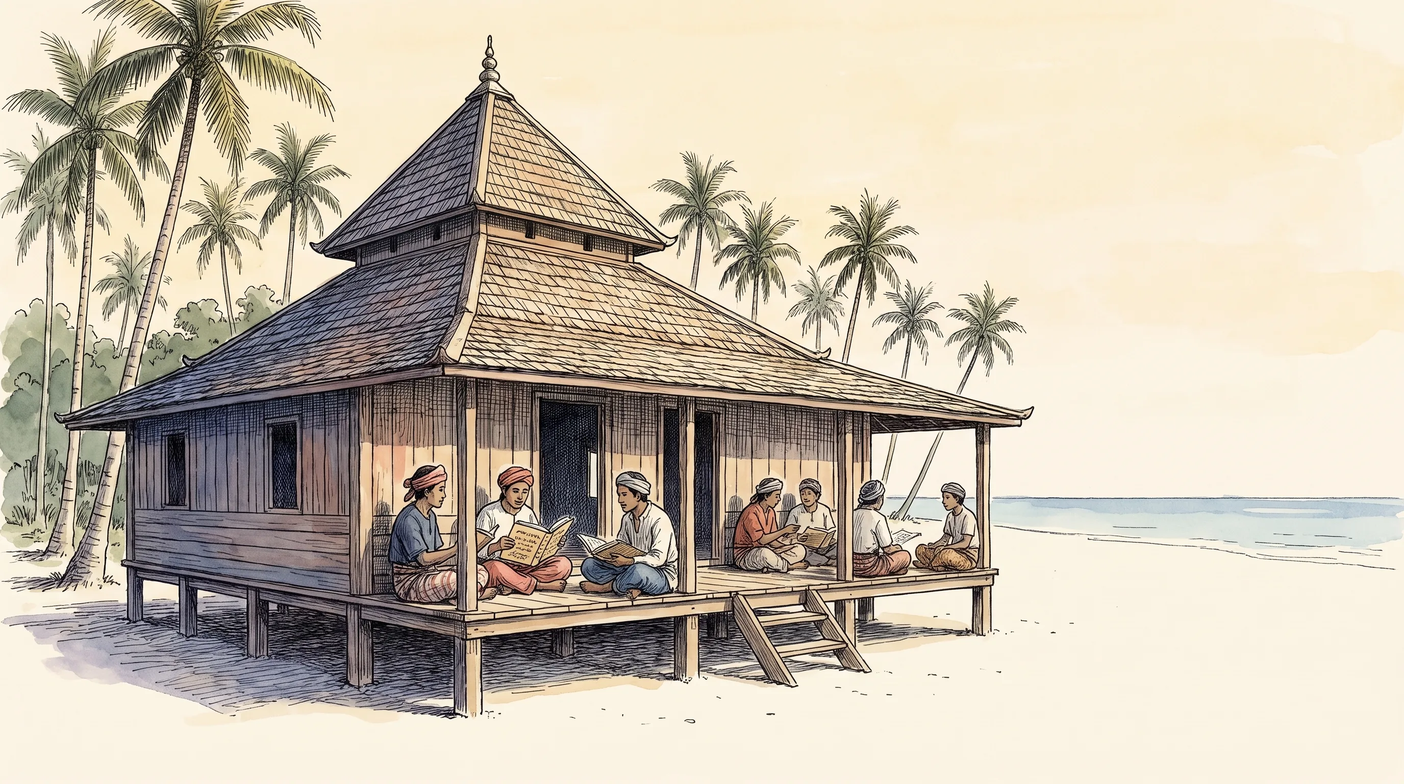 Watercolor of an early wooden mosque on stilts by the shore, scholars reading together on its veranda