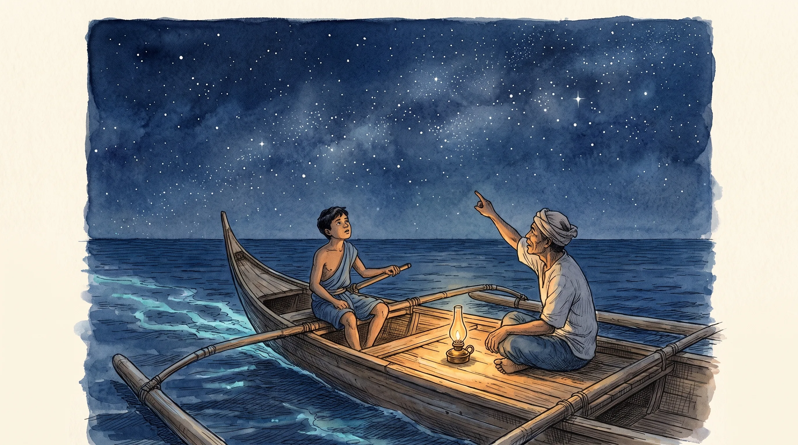 Watercolor of a steersman and a navigator at the stern of a boat at night, the navigator pointing at constellations in a deep indigo sky