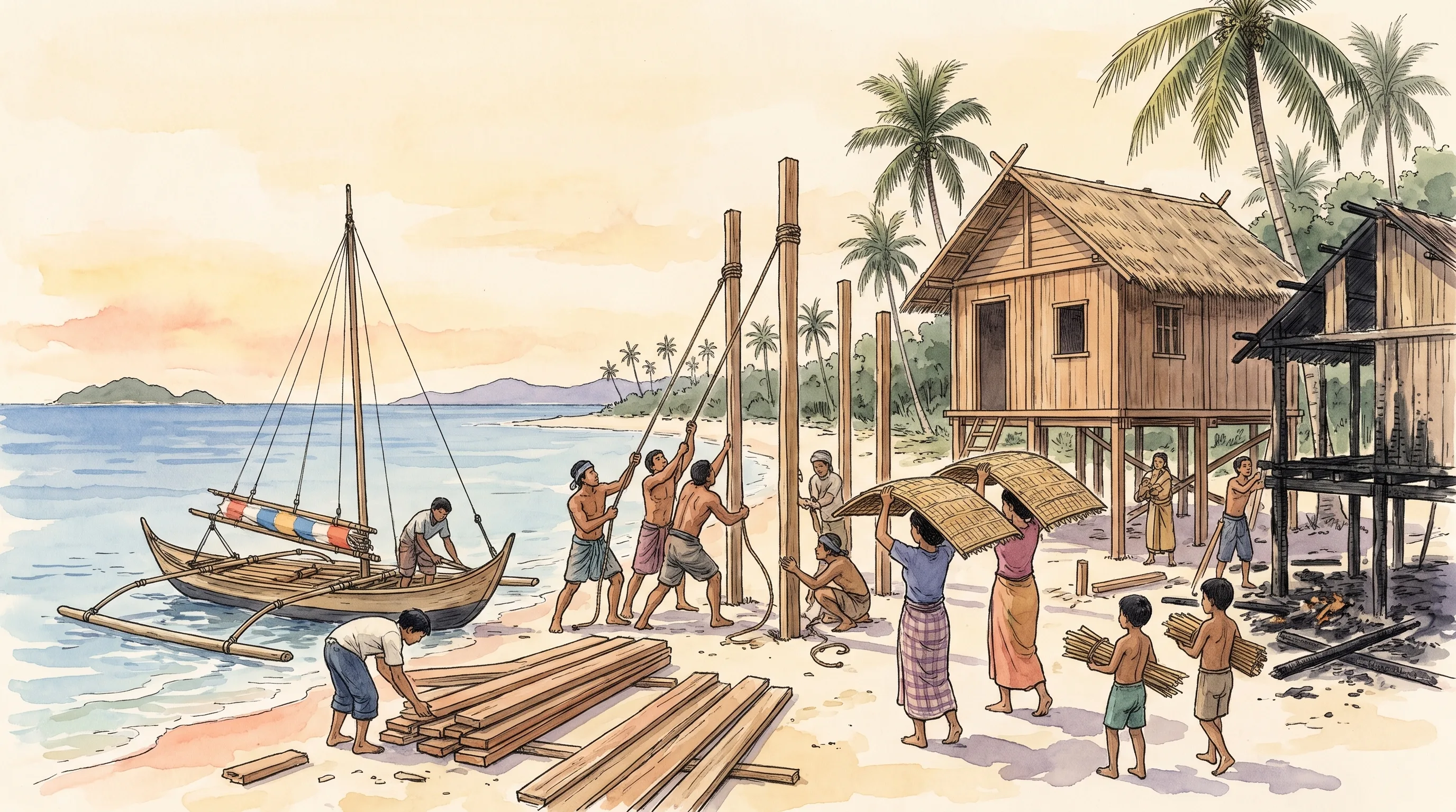 Watercolor of a coastal town being rebuilt: villagers raising new house posts, carrying roof panels, unloading timber from a boat, one house still charred beside a finished new one