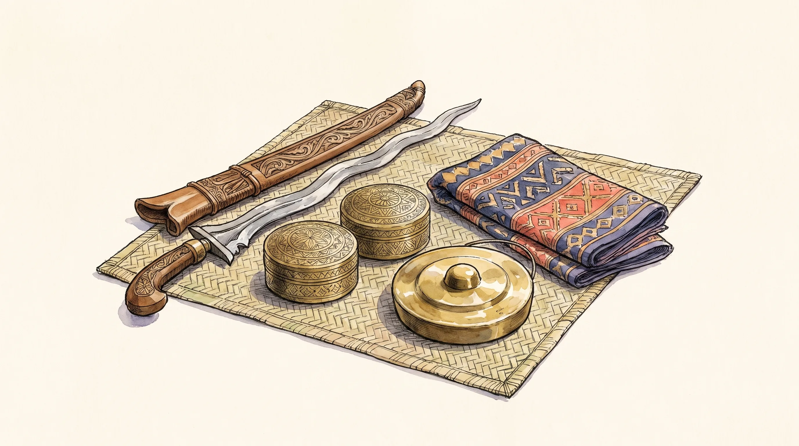 Watercolor still life on a woven mat: a wavy-bladed kalis and carved scabbard, engraved brass betel boxes, a small gong, and folded patterned silk