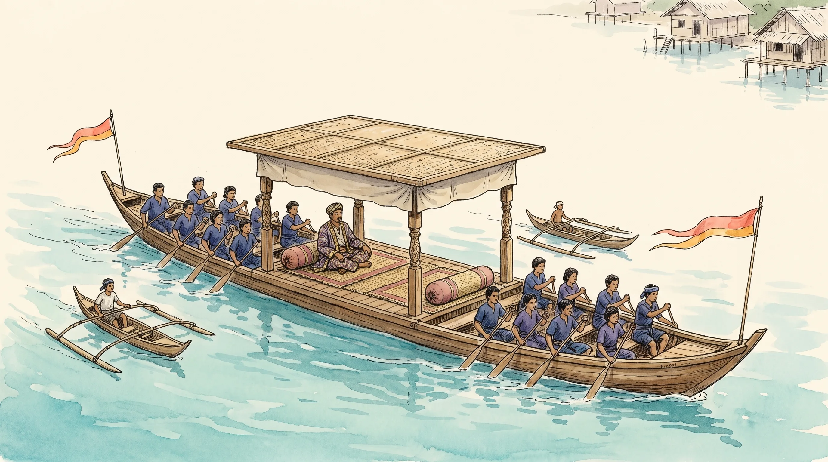 Watercolor of a royal barge with a flat rectangular canopy on carved posts, a dignitary seated on mats with bolsters beneath it, pennants flying fore and aft, driven by two rows of paddlers across calm water, escort canoes alongside
