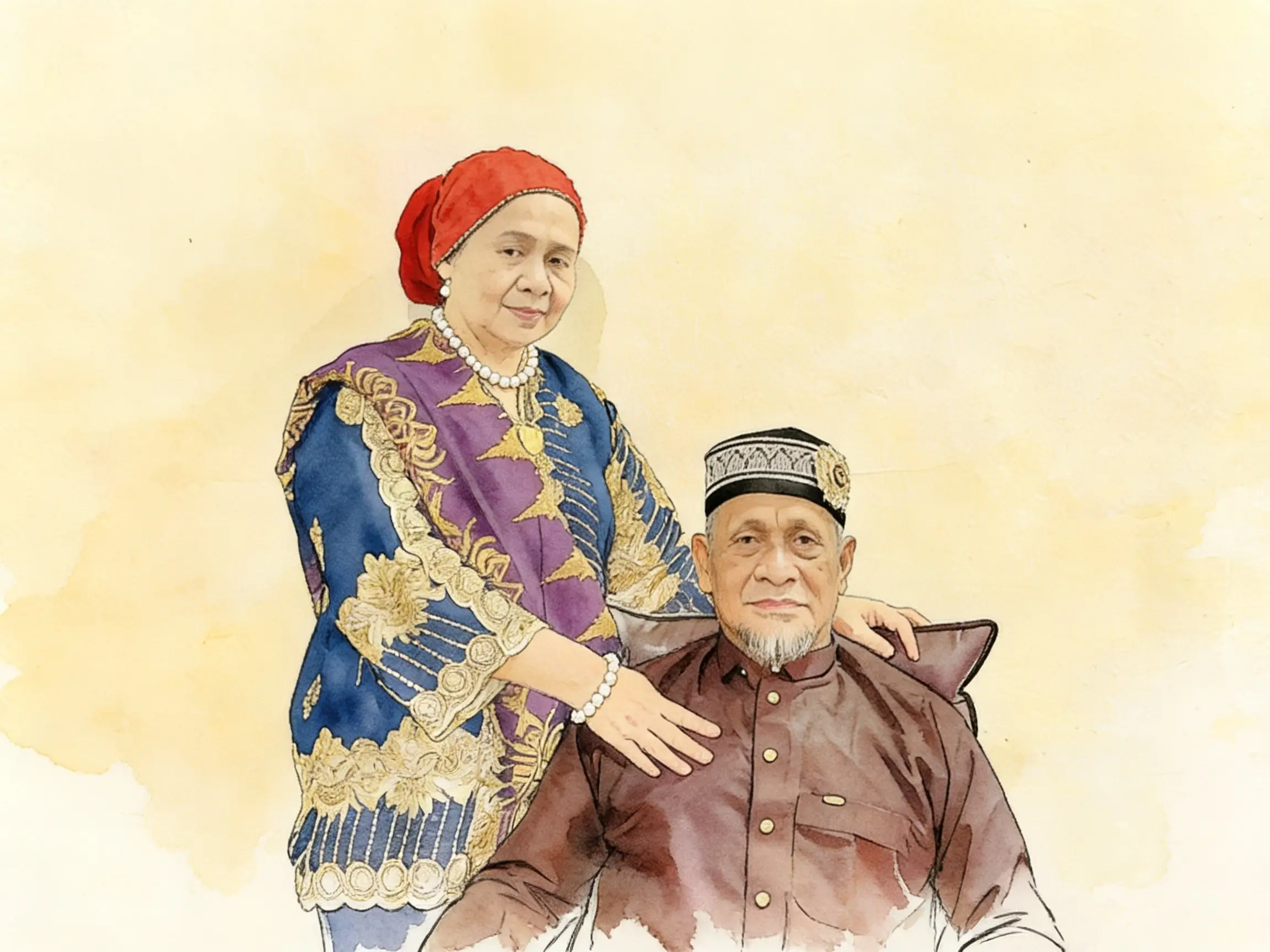 Watercolor portrait of Sultan Muedzul-Lail Tan Kiram seated, with Dayang Dayang Pangian Mellany Serman Kiram standing beside him