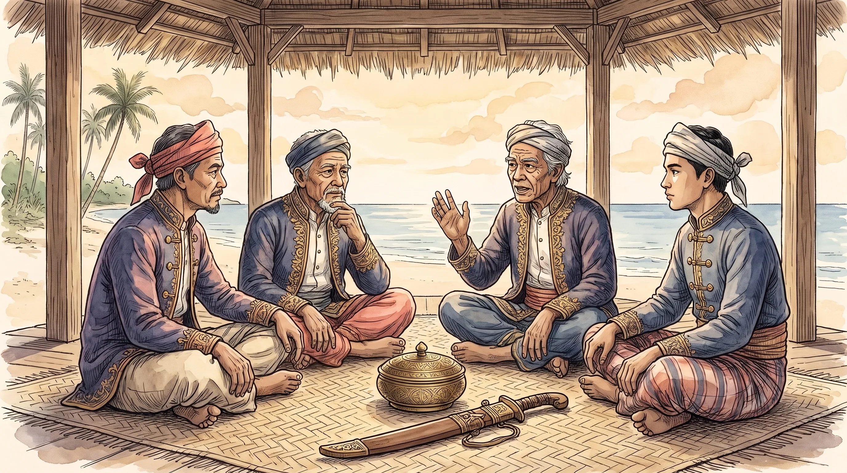 Watercolor of four Sulu datus in embroidered jackets and knotted headcloths seated in council on a woven mat under a thatched pavilion by the sea, an engraved brass betel box and a sheathed kalis between them