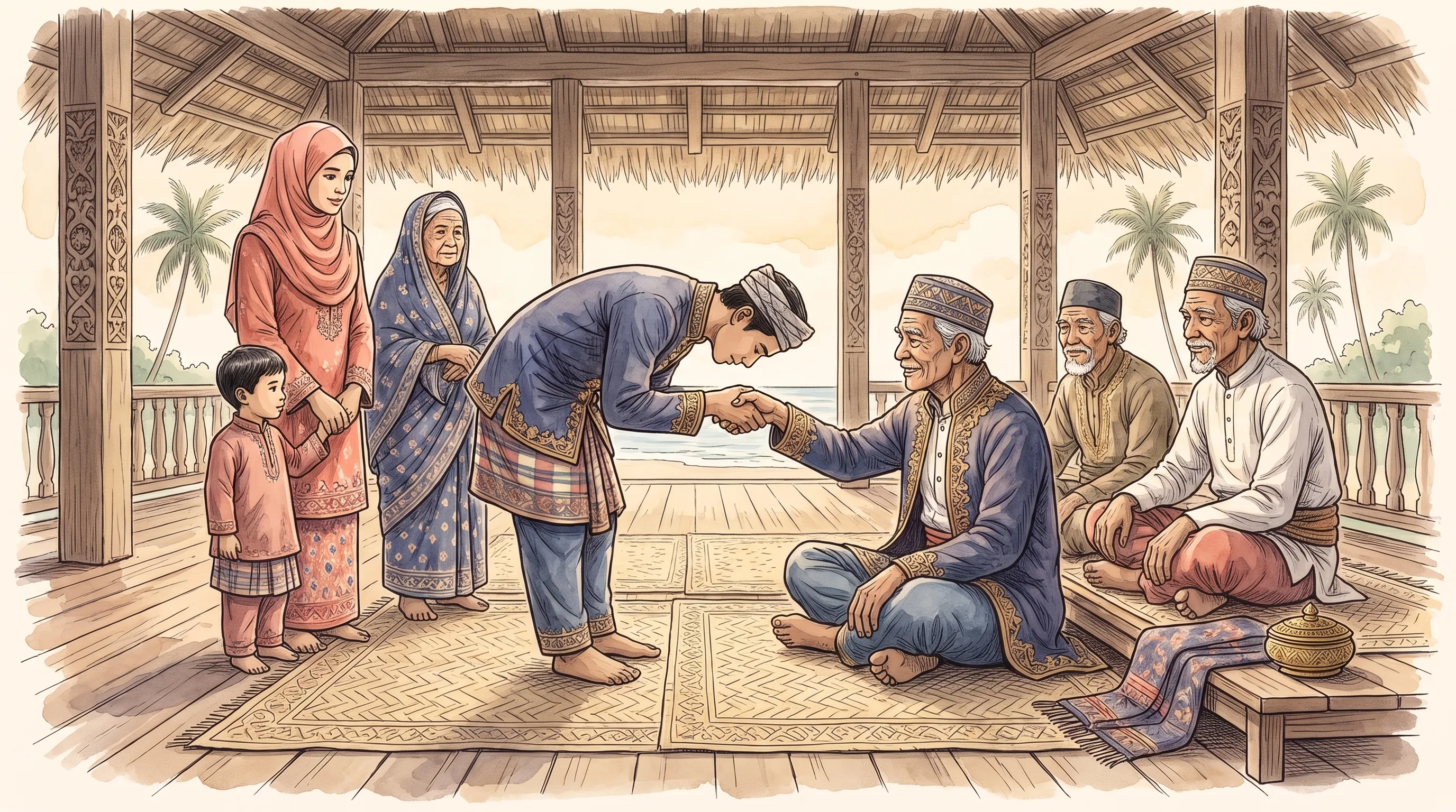 Watercolor of a formal gathering in a wooden hall: a young man bows to draw a seated elder's hand to his forehead while elders sit in order on woven mats and a family waits its turn