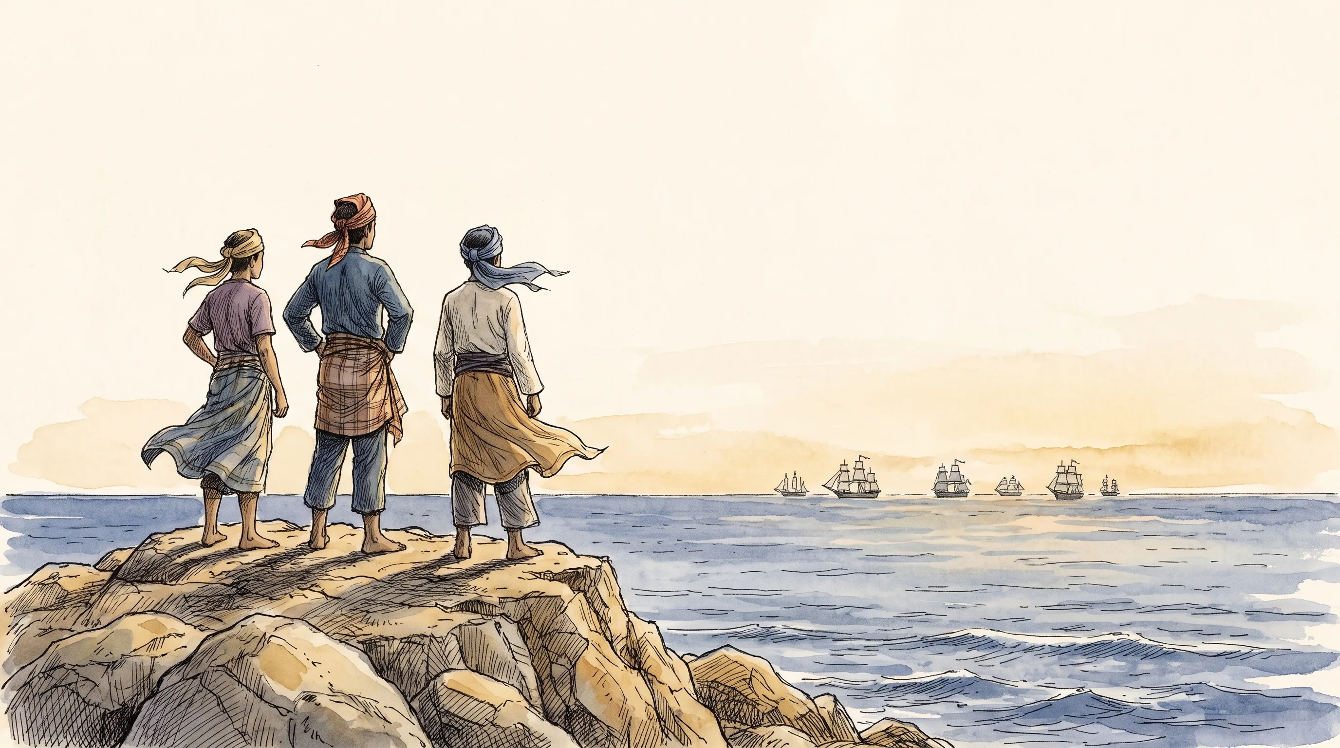 Watercolor of three Tausug watchers on a headland at dusk, a line of distant colonial warships on the horizon