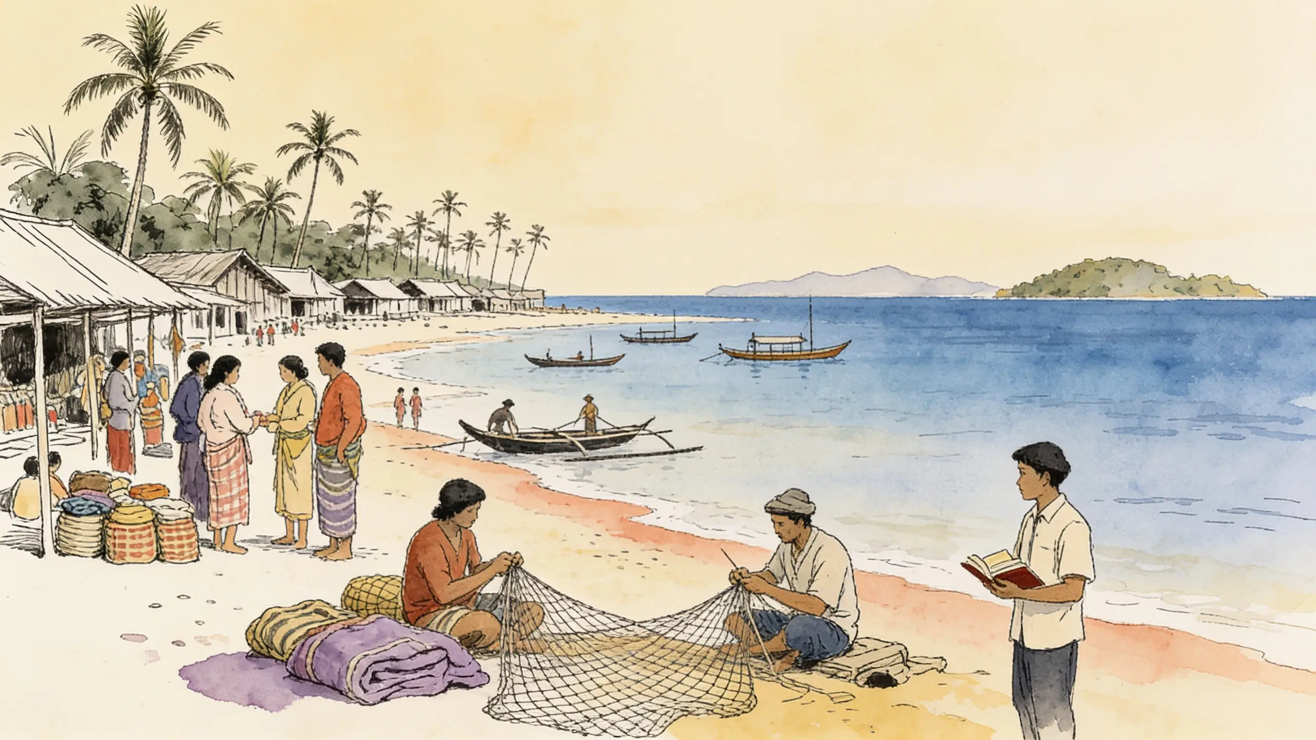 Watercolor of a beach market: traders, woven bundles, boats drawn up on the sand, nets being mended