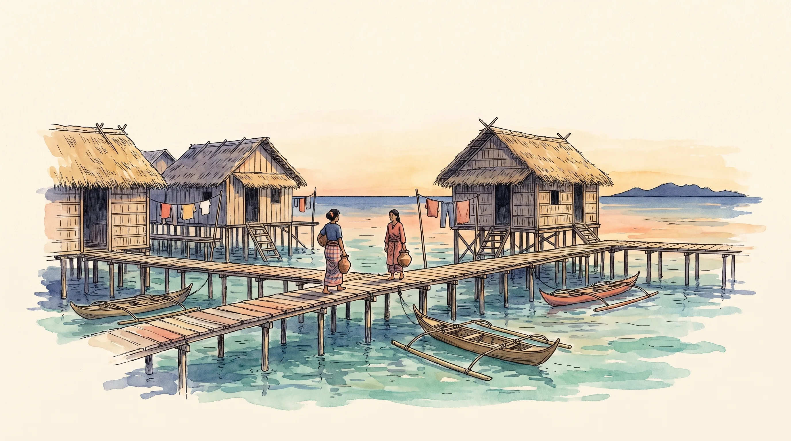Watercolor of a stilt-house village over shallow water in evening light, walkways between houses, boats tied beneath