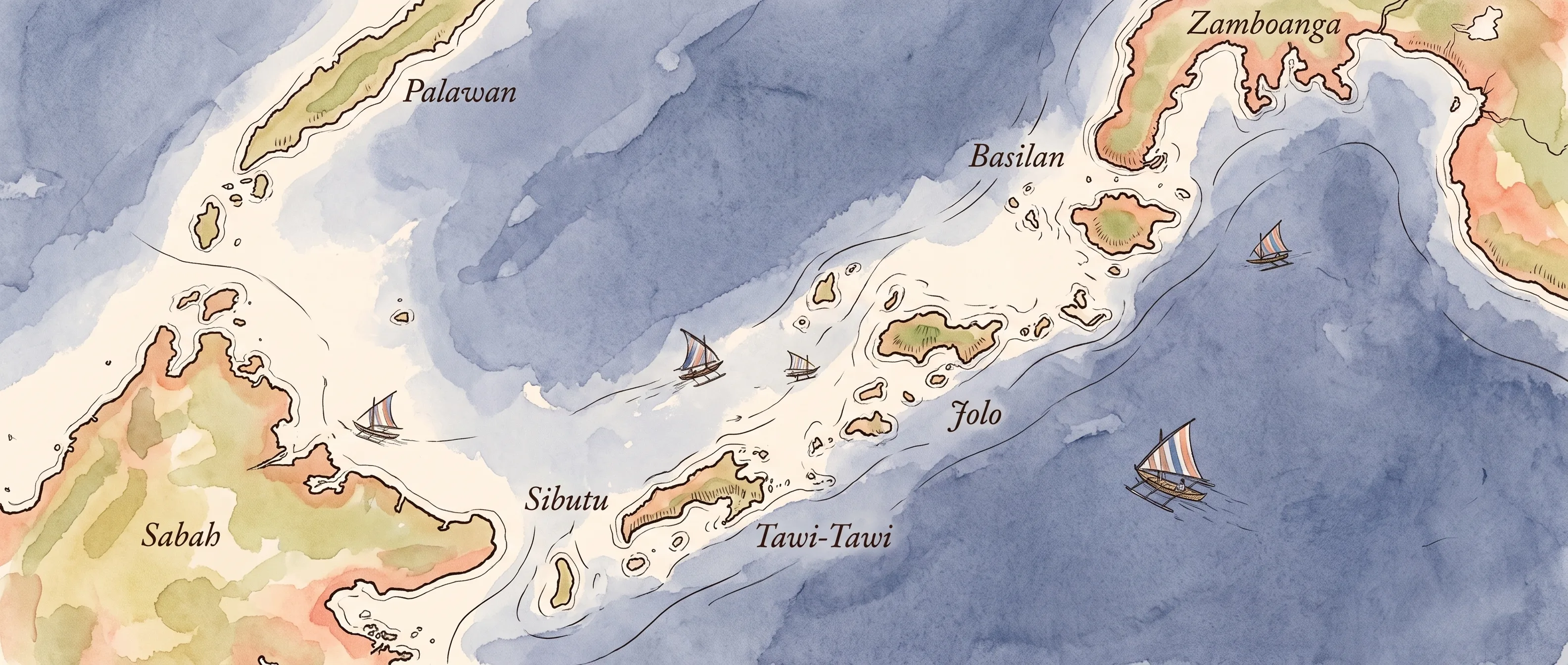 Hand-drawn watercolor map of the Sulu Archipelago: the island chain of Sibutu, Tawi-Tawi, Jolo, and Basilan runs diagonally across an indigo sea between Sabah on Borneo at lower left, Palawan at upper left, and the Zamboanga peninsula at upper right, with small vintas under sail between the islands