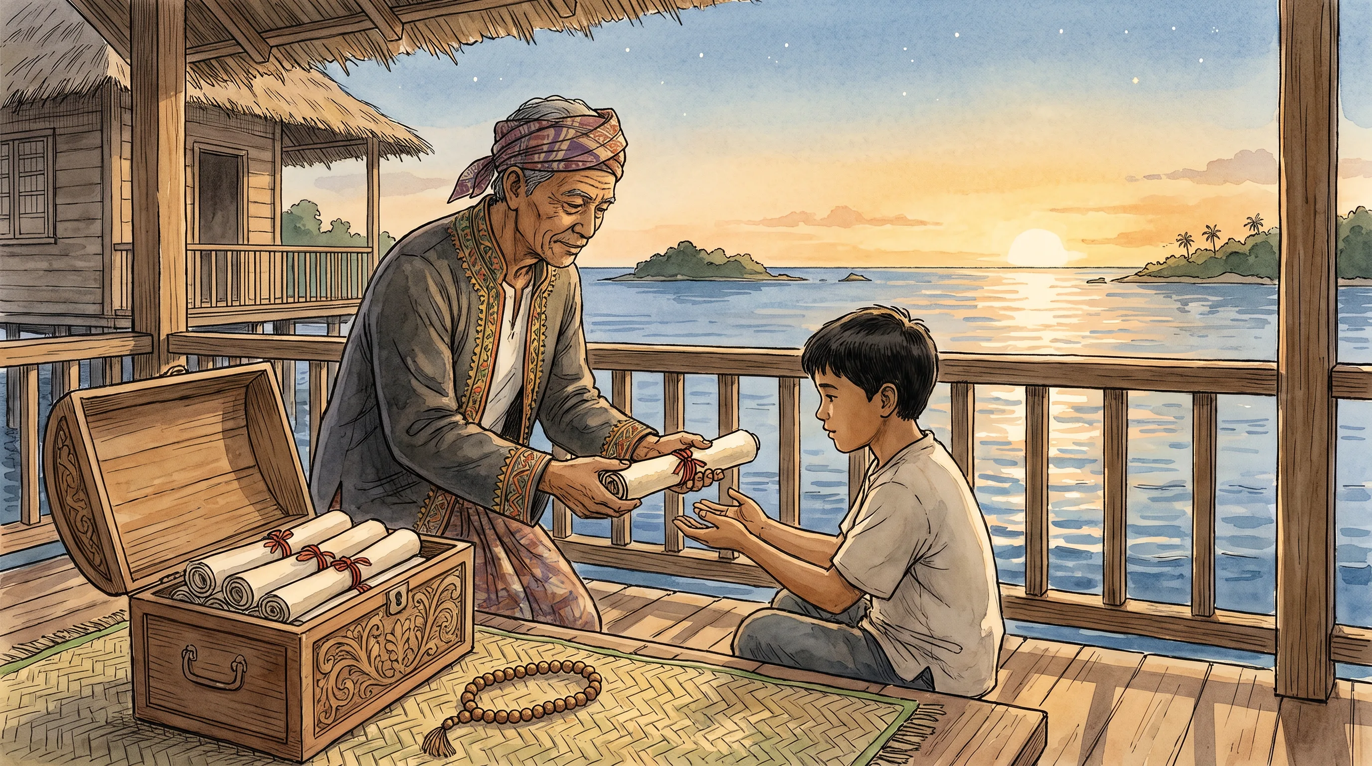 Watercolor of an elder on a stilt-house veranda handing a rolled, cord-tied tarsila scroll to his grandson, a carved chest of rolled scrolls beside them, the evening sea beyond