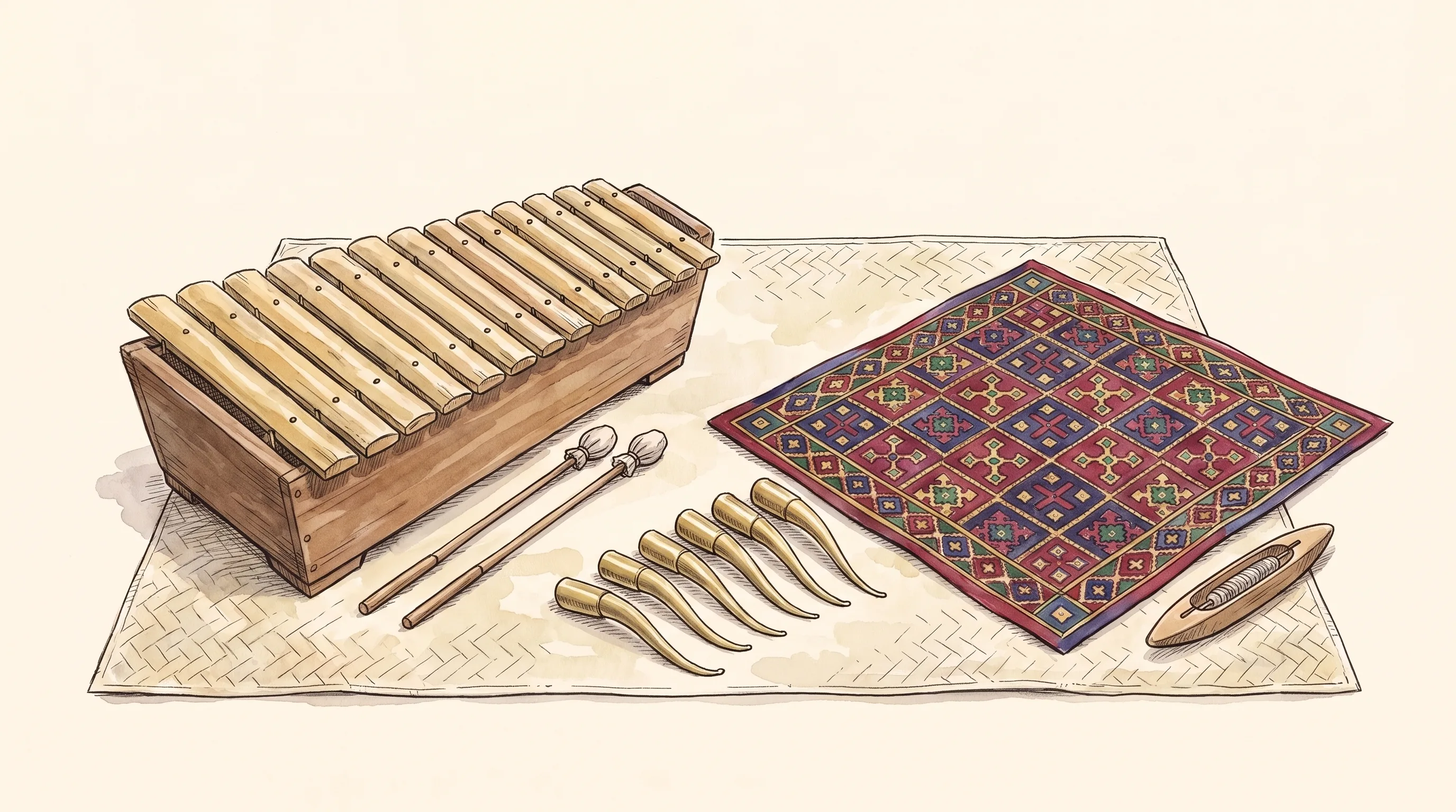 Watercolor study of a gabbang with two beaters, a row of curved brass janggay fingertip extensions, a square pis syabit headcloth covered in a geometric grid, and a wooden weaving shuttle