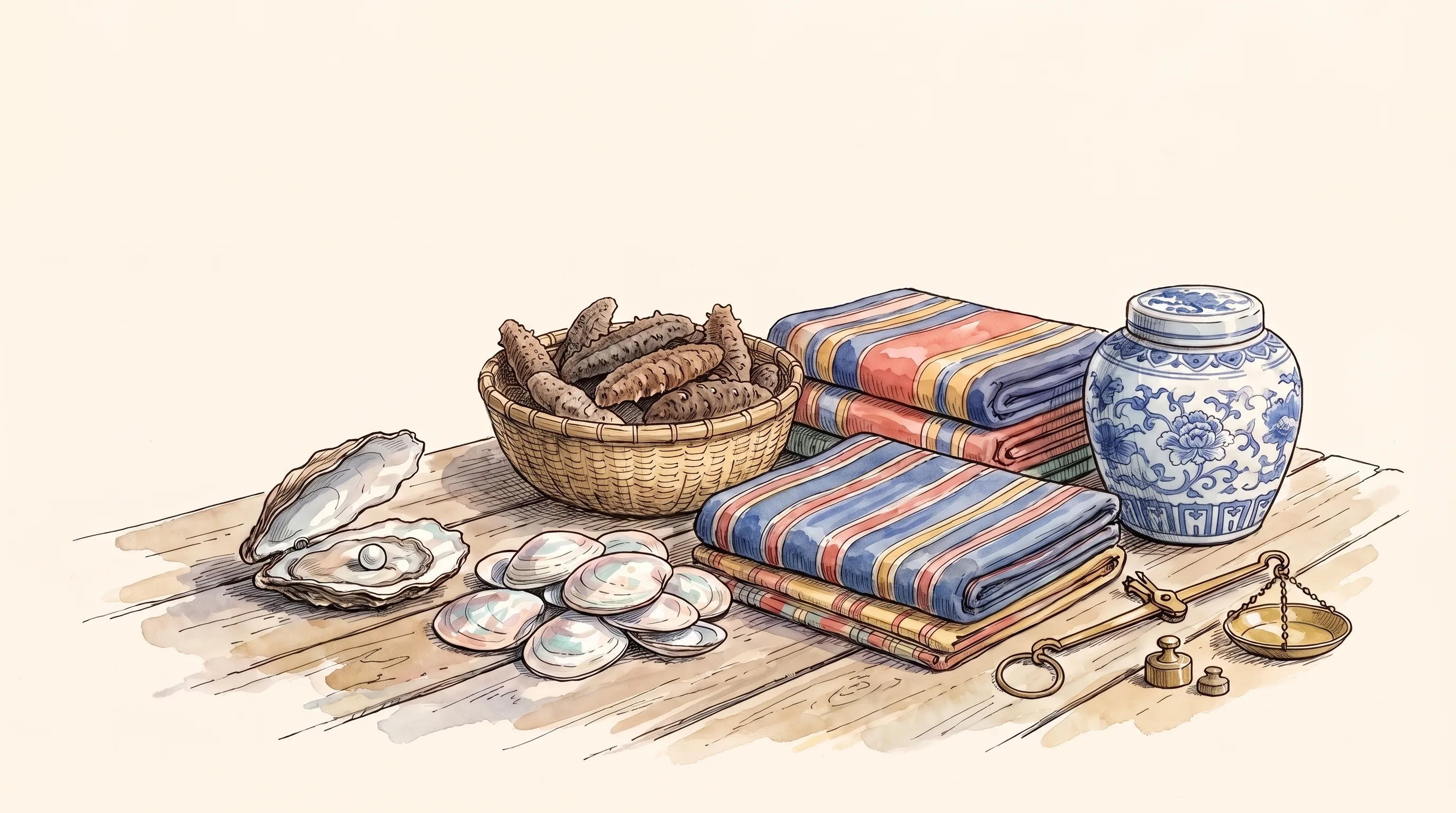 Watercolor still life of Sulu trade goods: a pearl in an open oyster shell, mother-of-pearl, a basket of dried sea cucumber, folded striped silk, a blue-and-white floral porcelain jar, and a small brass balance scale with weights