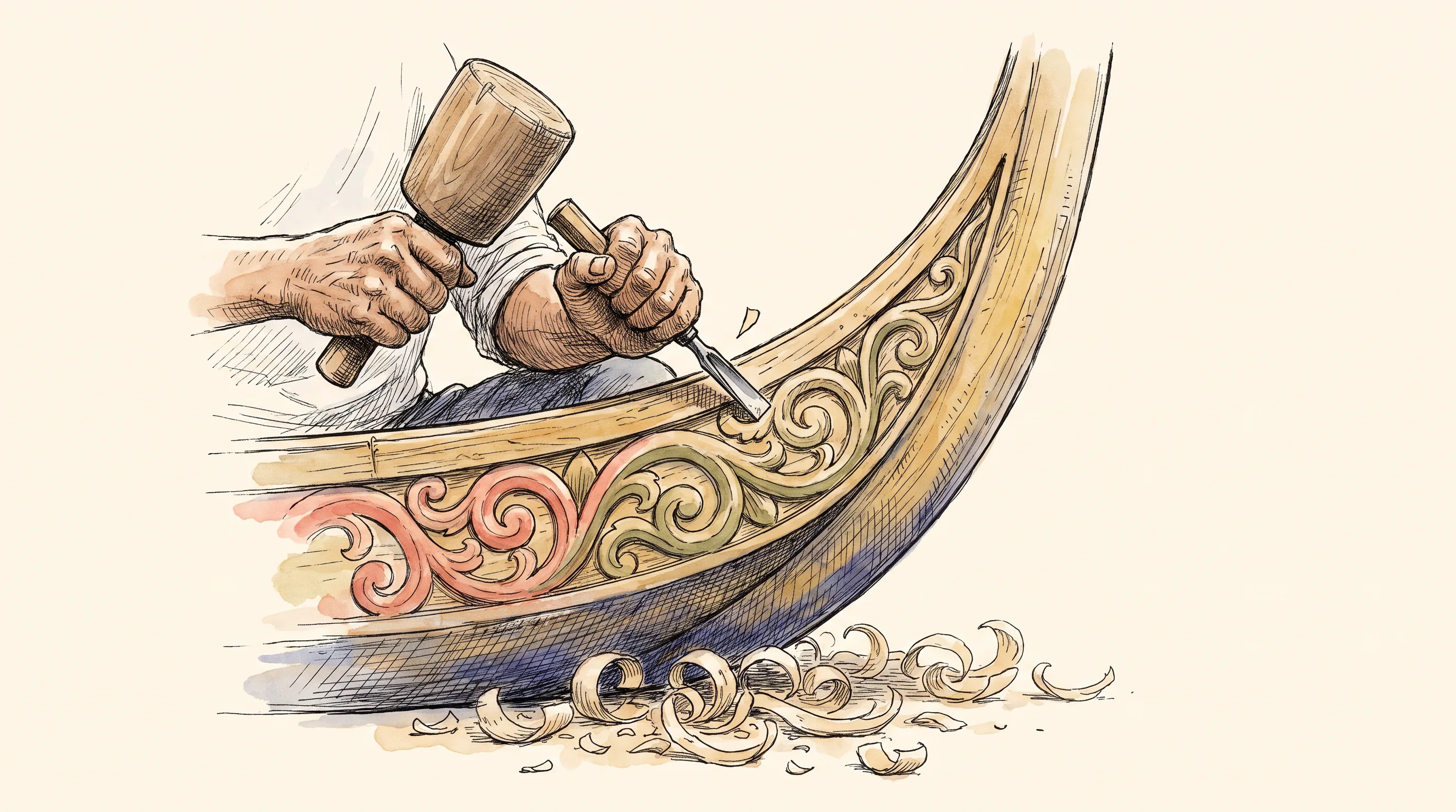 Watercolor close study of hands carving curling ukkil patterns into a boat prow, chisel and mallet in use