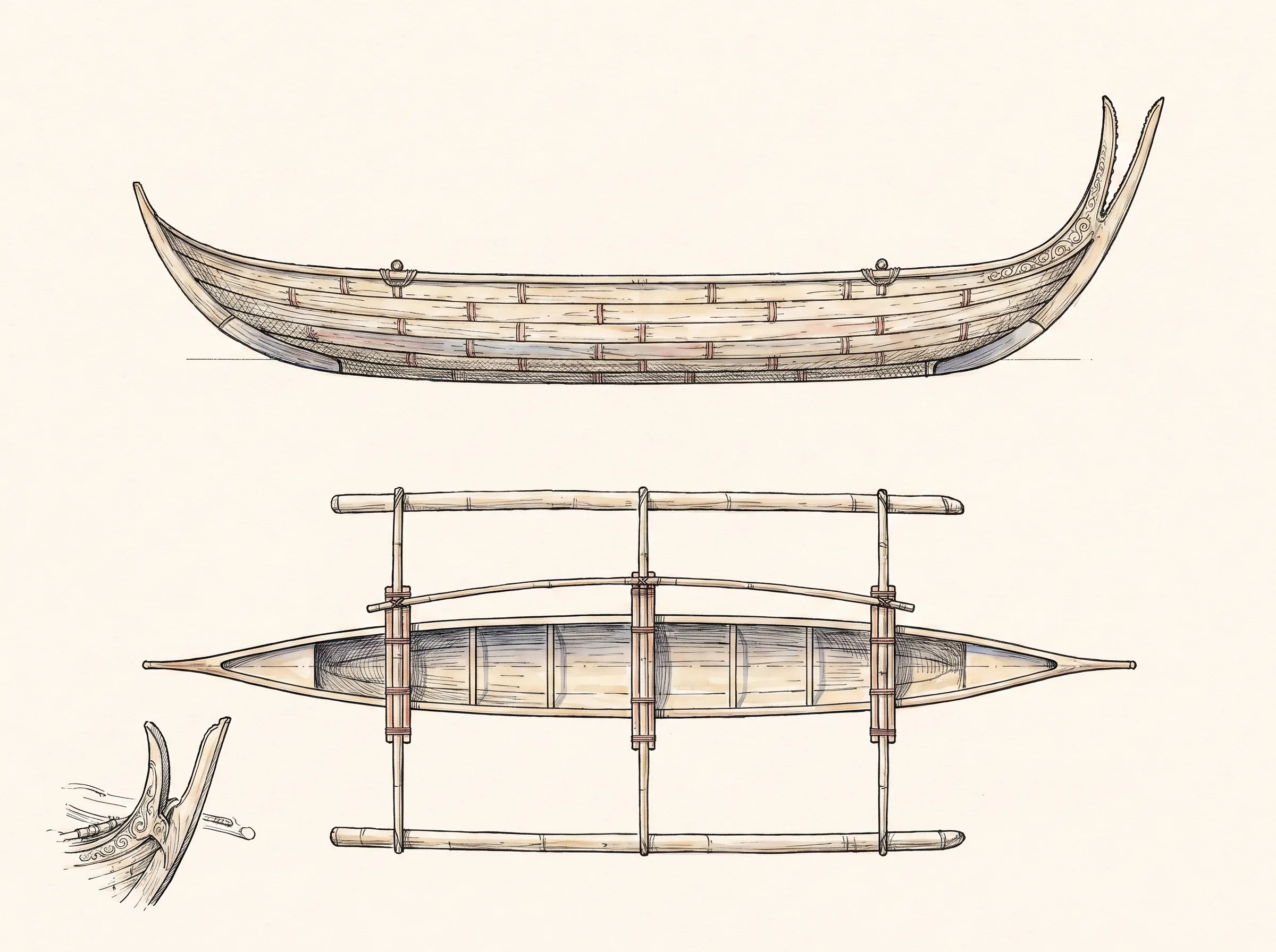 Technical study of a vinta: side elevation and deck plan showing the plank-built hull, twin outriggers, and forked carved prow