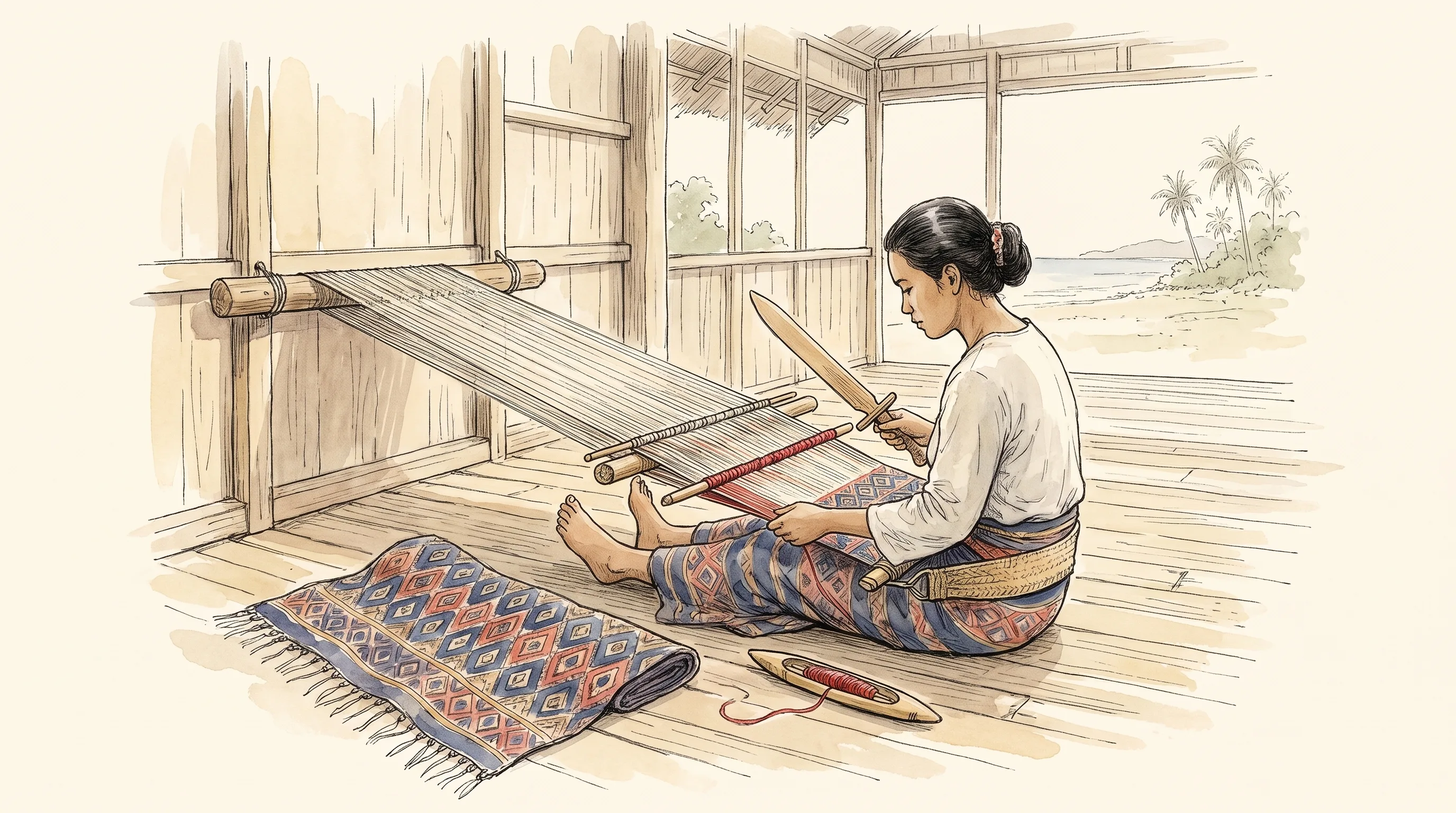 Watercolor of hands weaving a geometric pis syabit headcloth on a loom