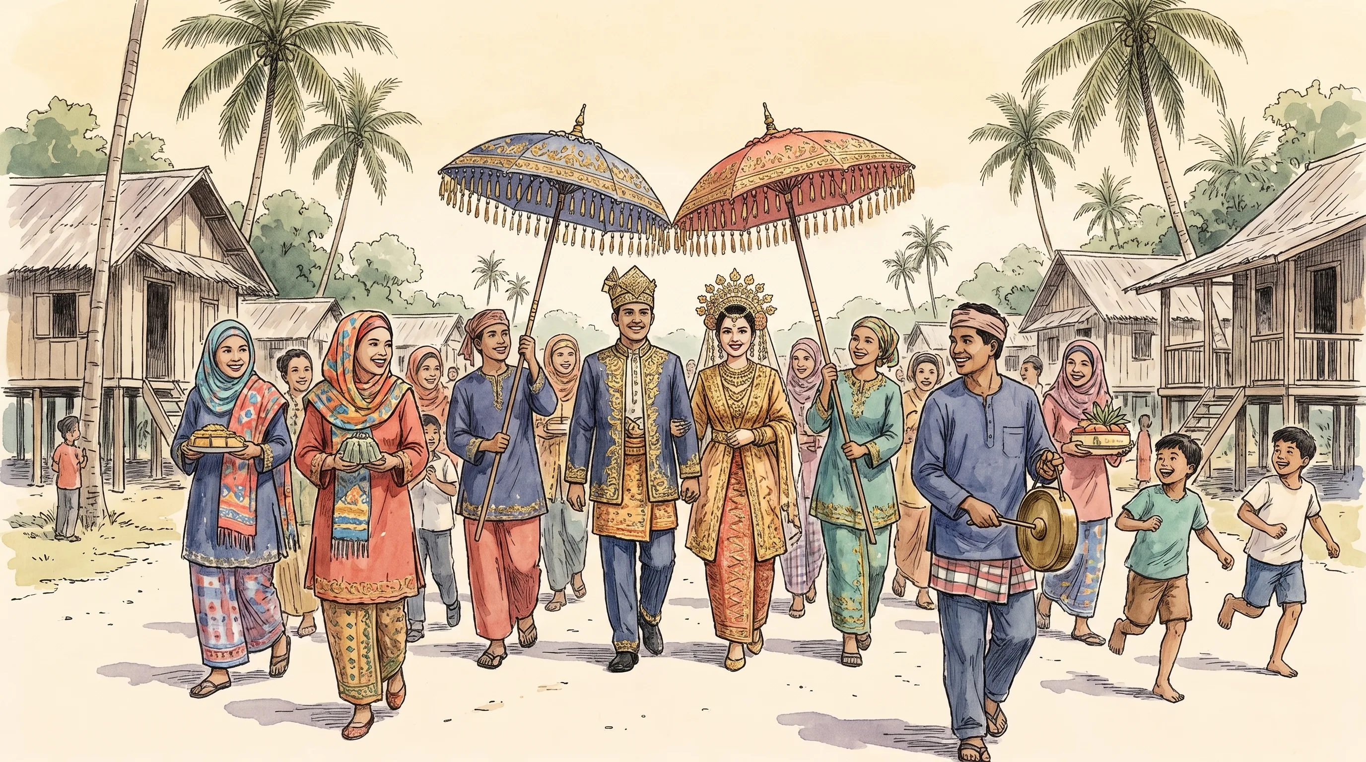 Watercolor of a wedding procession under fringed parasols, the couple in gold-embroidered silk, children running alongside