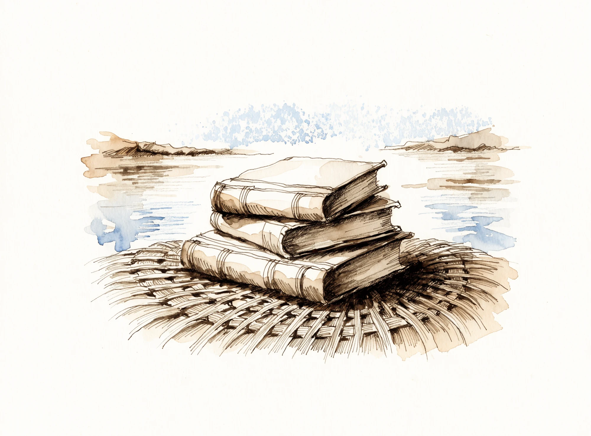 Three schoolbooks resting on a woven mat, illustrated in sepia ink.