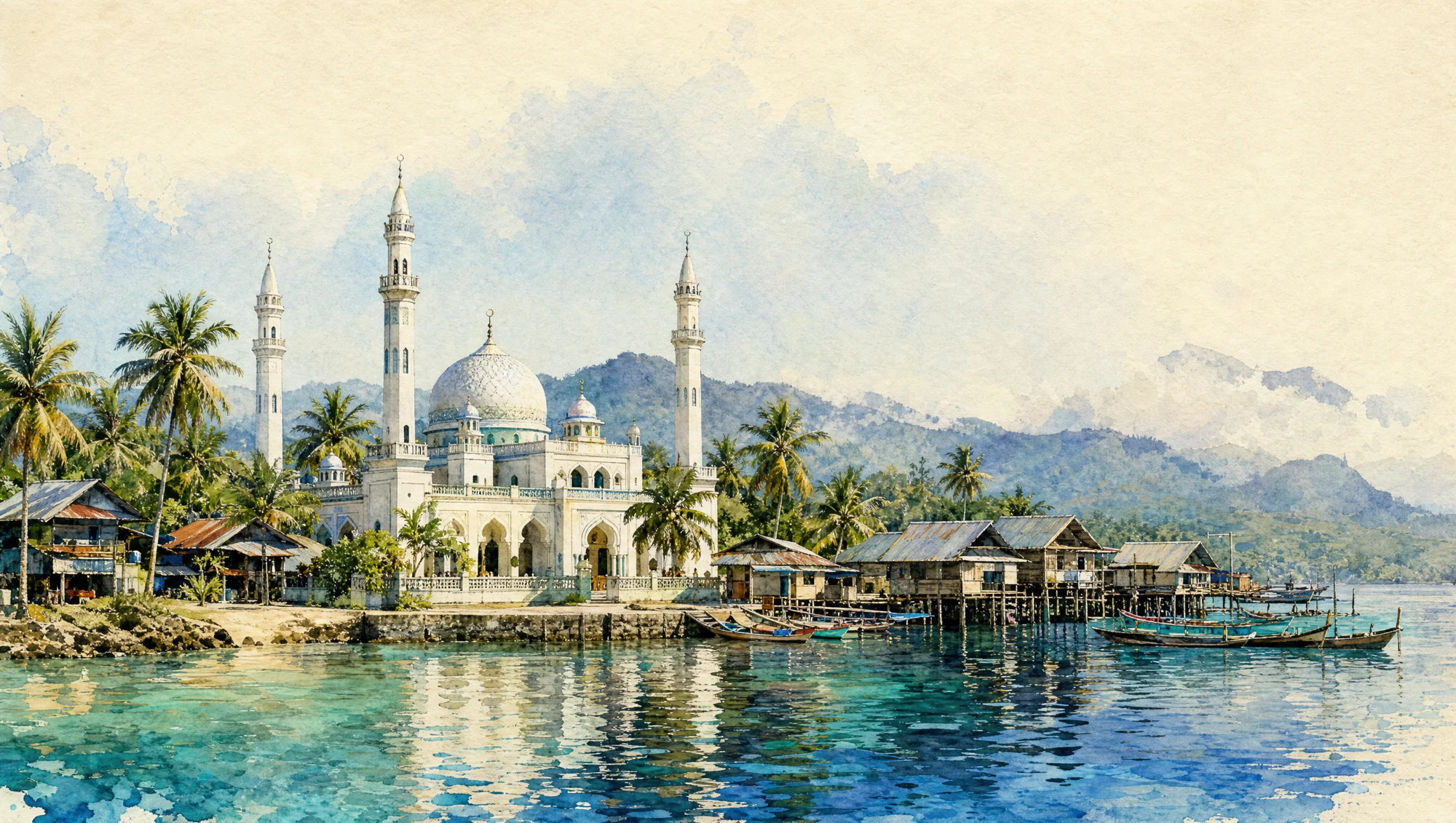 A watercolor shoreline of Sulu with coconut palms, a mosque, and houses over the water.