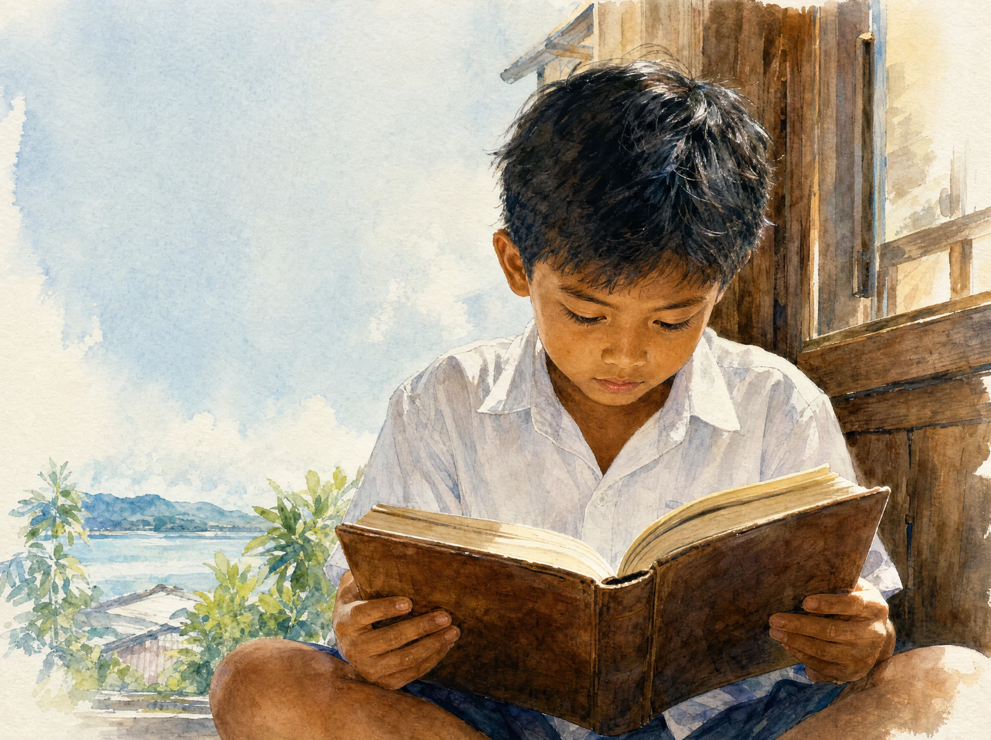 Watercolor of a young student reading a book beside a wooden window overlooking the sea.