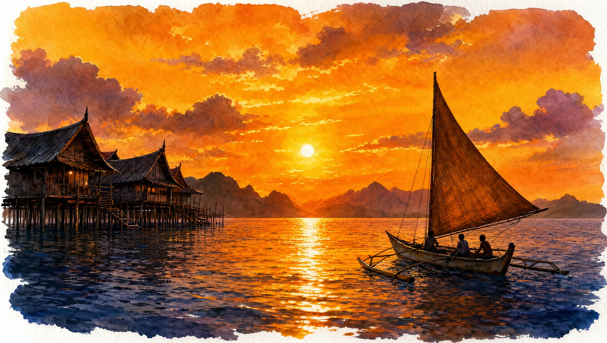 An outrigger sailboat passing a Sulu stilt village beneath a glowing golden sunset.
